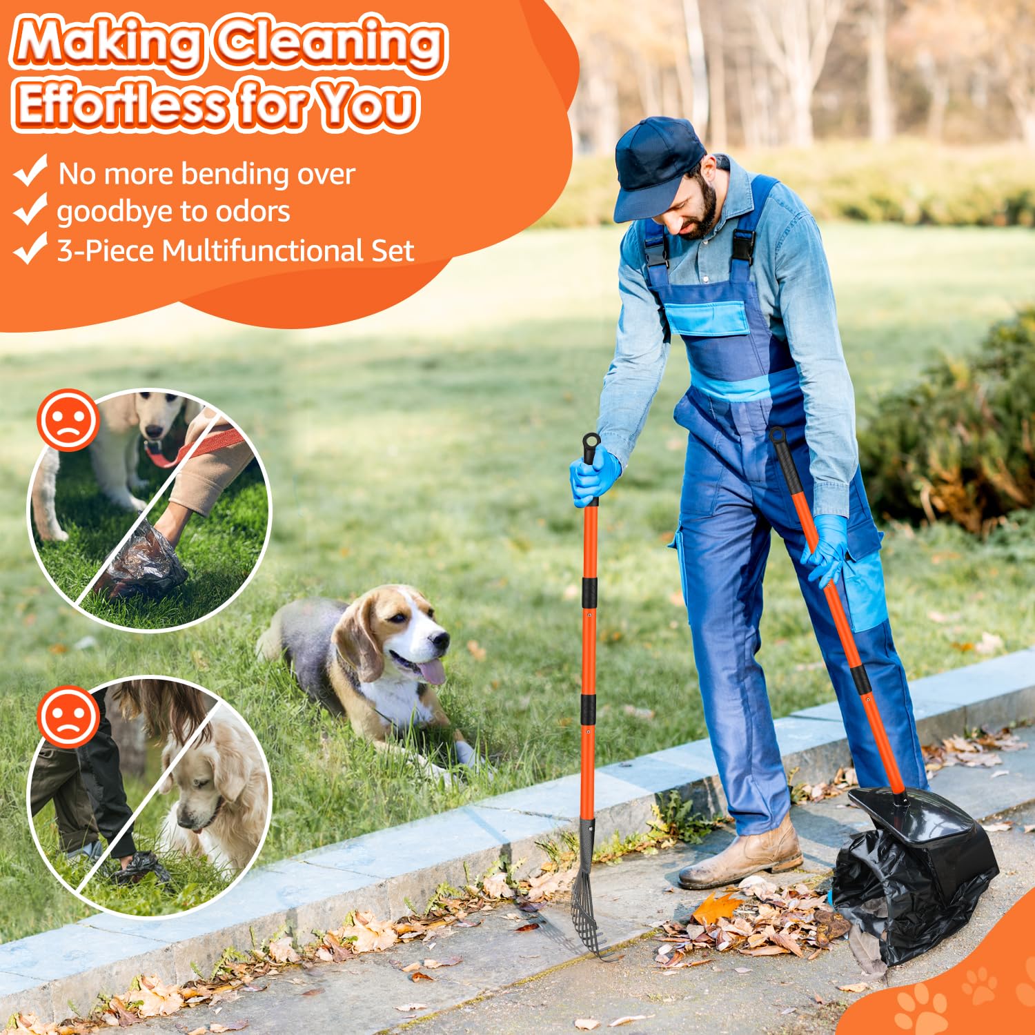 Lukovee Dog Pooper Scooper Kit - 37.4" Adjustable Metal Handle, Swivel Bin & Rake, 20 Poop Bags, Portable, Orange
