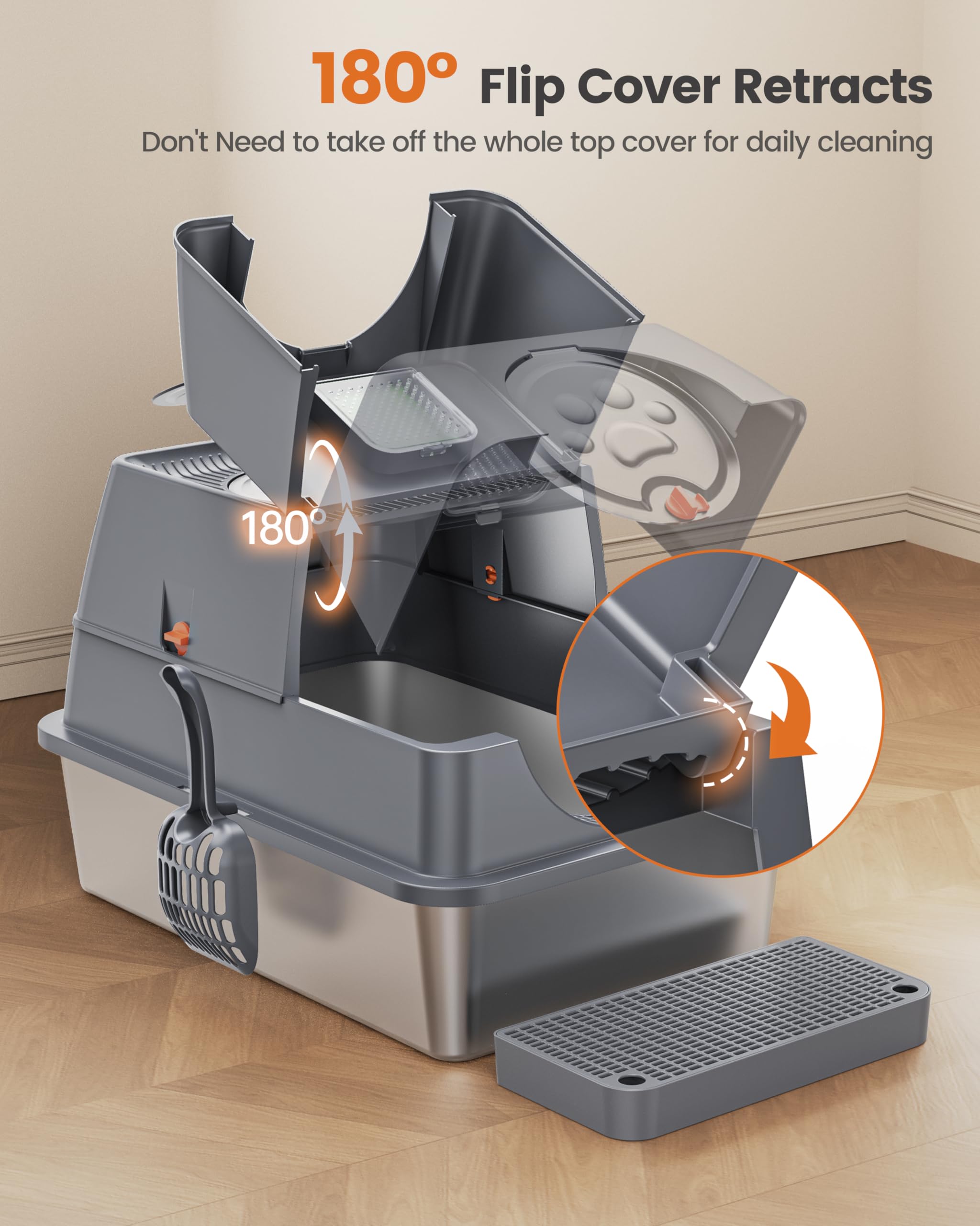 Stainless Steel Litter Box with Lid XL Large Enclosed High Sided Covered Metal Steel Cat Litter Box with Steps Scoop, Easy Clean