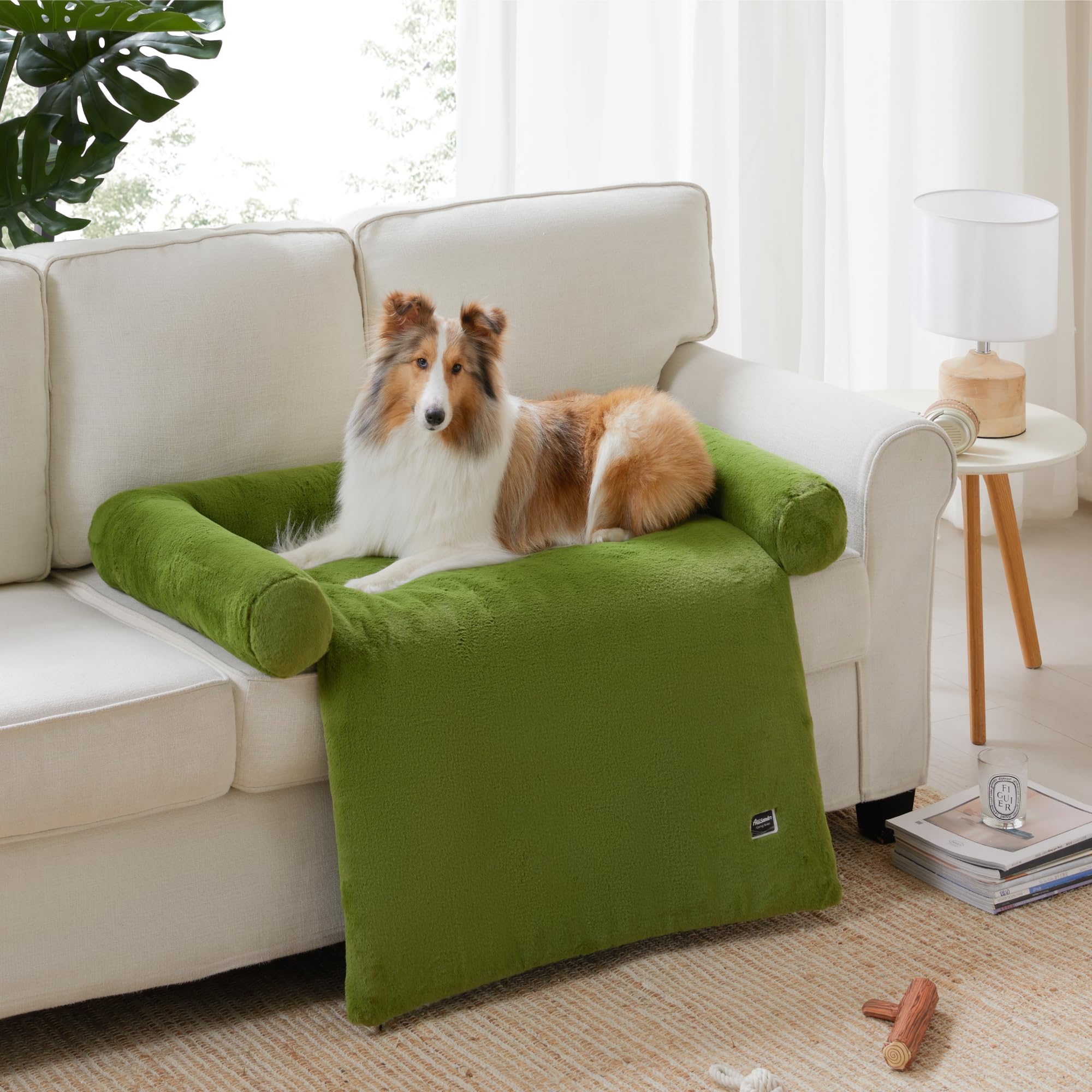 Allisandro Calming Furniture Protector Dog Bed with Soft Neck Bolster, Waterproof Faux Fur Couch Cover with Removable Washable C