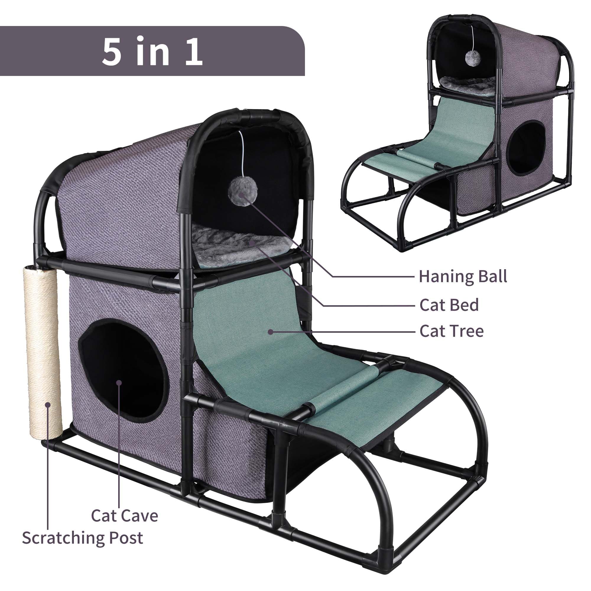 Goetland PVC Modern Cat Condo Cat House Cat Tree Medium Cat Tower Bed Scratching Post Climber Peek Dangling Ball Hole for Kitty