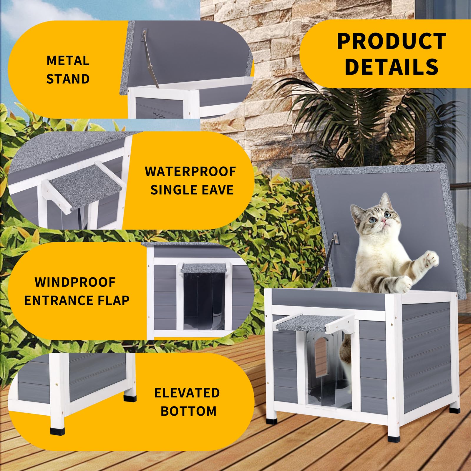 GEGURI Outdoor Cat House - Weatherproof Feral Cat Shelter, Grey Fir Wood, Model GEGURI-600