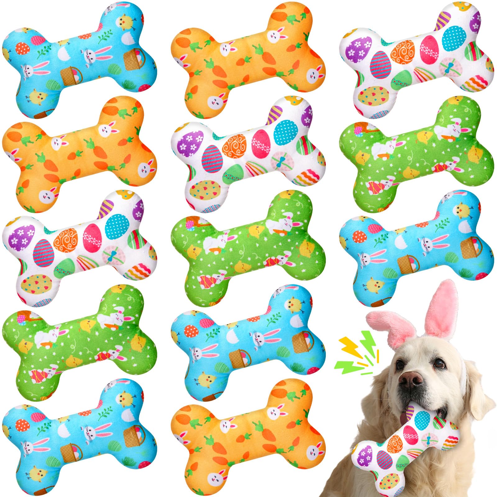Siltriangle 12 Pack Easter Dog Toys Easter Dog Squeaky Bone Toys Plush Squeaky Dog Toys Durable Cute Interactive Dog Stuffed Che