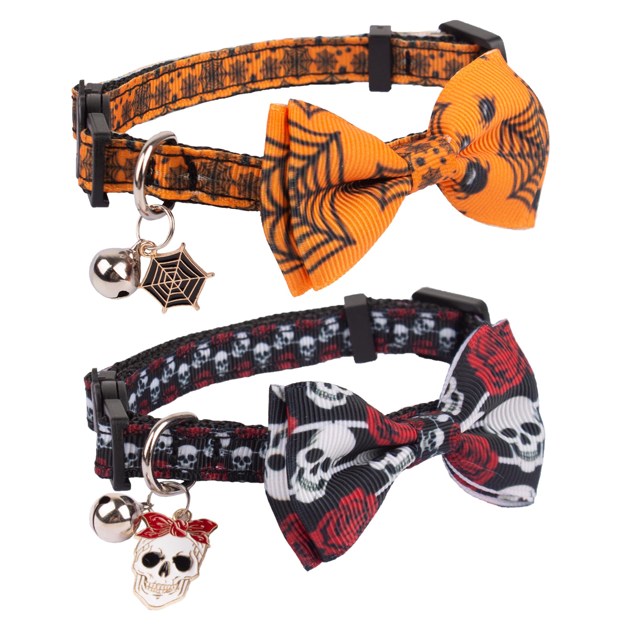 Adoggygo Halloween Cat Collars With Bow Bell, Breakaway Cat Bowtie Collar Spider Web Skull Pattern Halloween Collars For Girl Boy Cats Kittens (Halloween-2)
