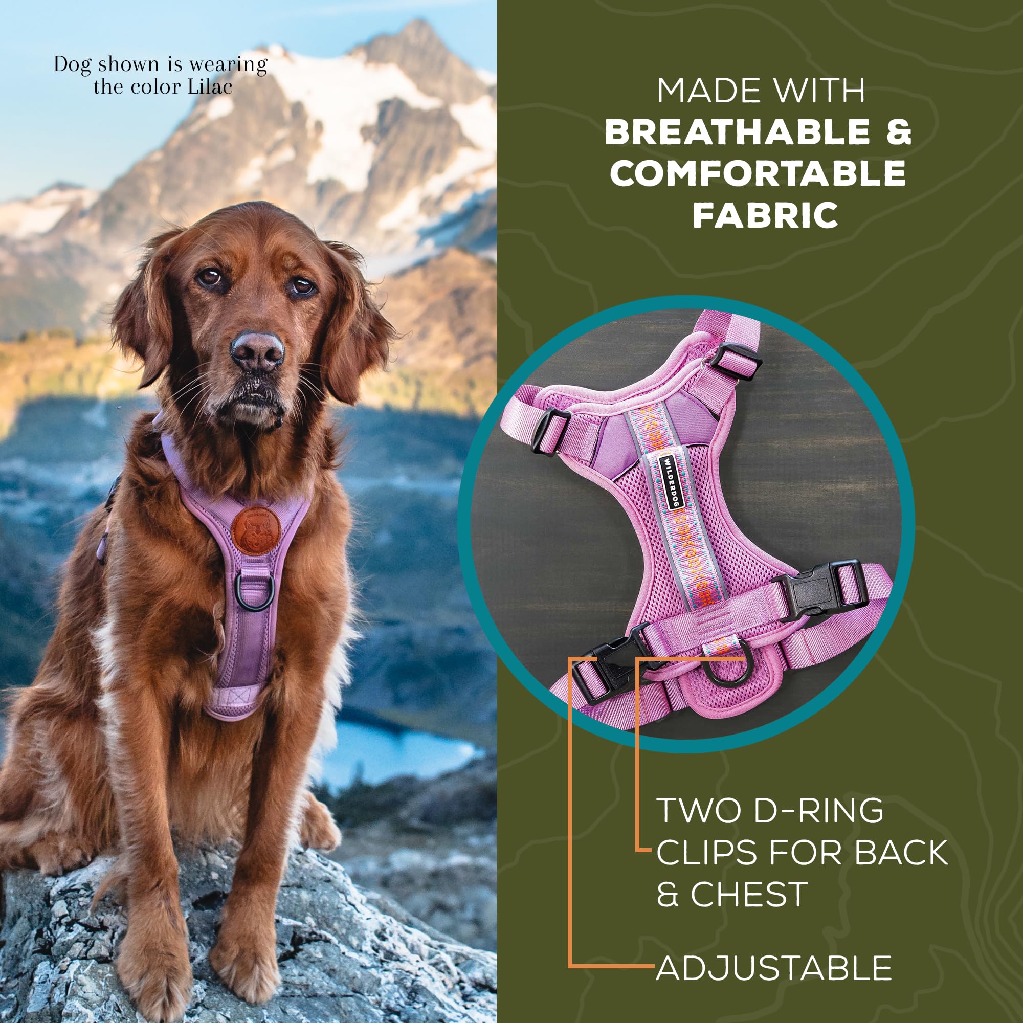 Wilderdog Lightweight Dog Harness - Medium - Lilac - Reflective Straps - Polyester Blend