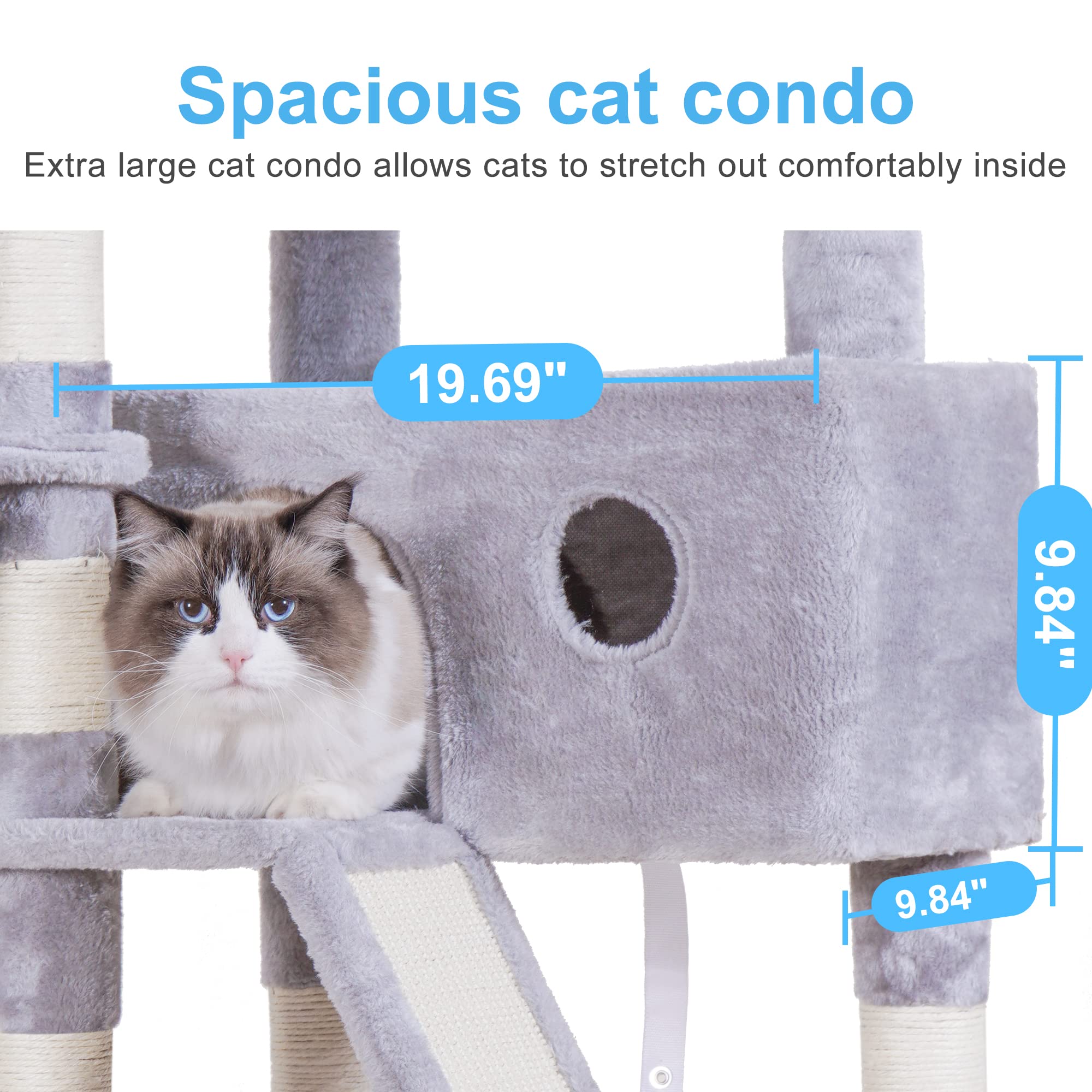 Hey-Brother Cat Tree, 61 Inch Cat Tower For Indoor Cats, Cat House With Padded Platform Bed, Toy Balls, Large Cozy Condo, Hammocks And Sisal Scratching Posts, Light Gray Mpj019W