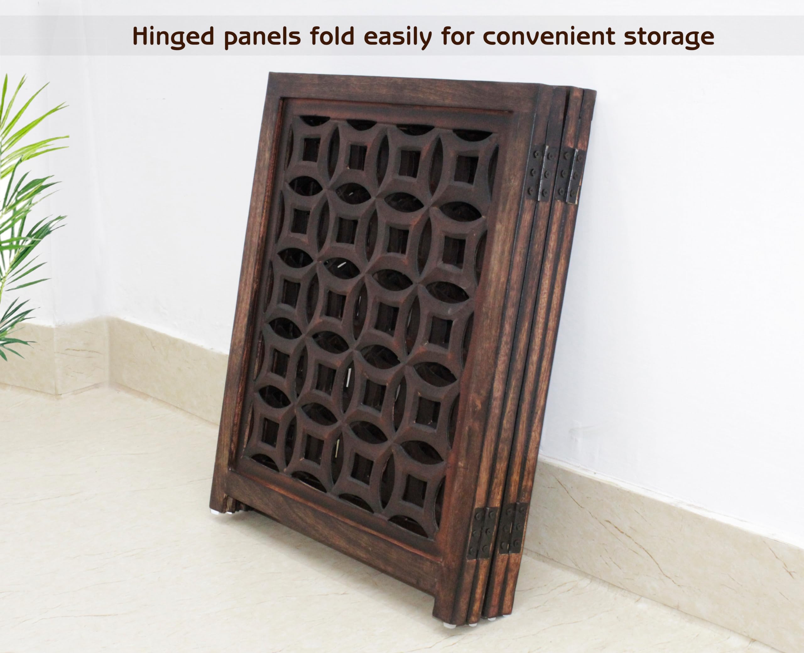Wooden Foldable Pet Dog Safety Gate -4 Panels 20''Wx24''H- Hand Carved Solid Wood And Mdf - Free Standing Portable Indoor Doorwa