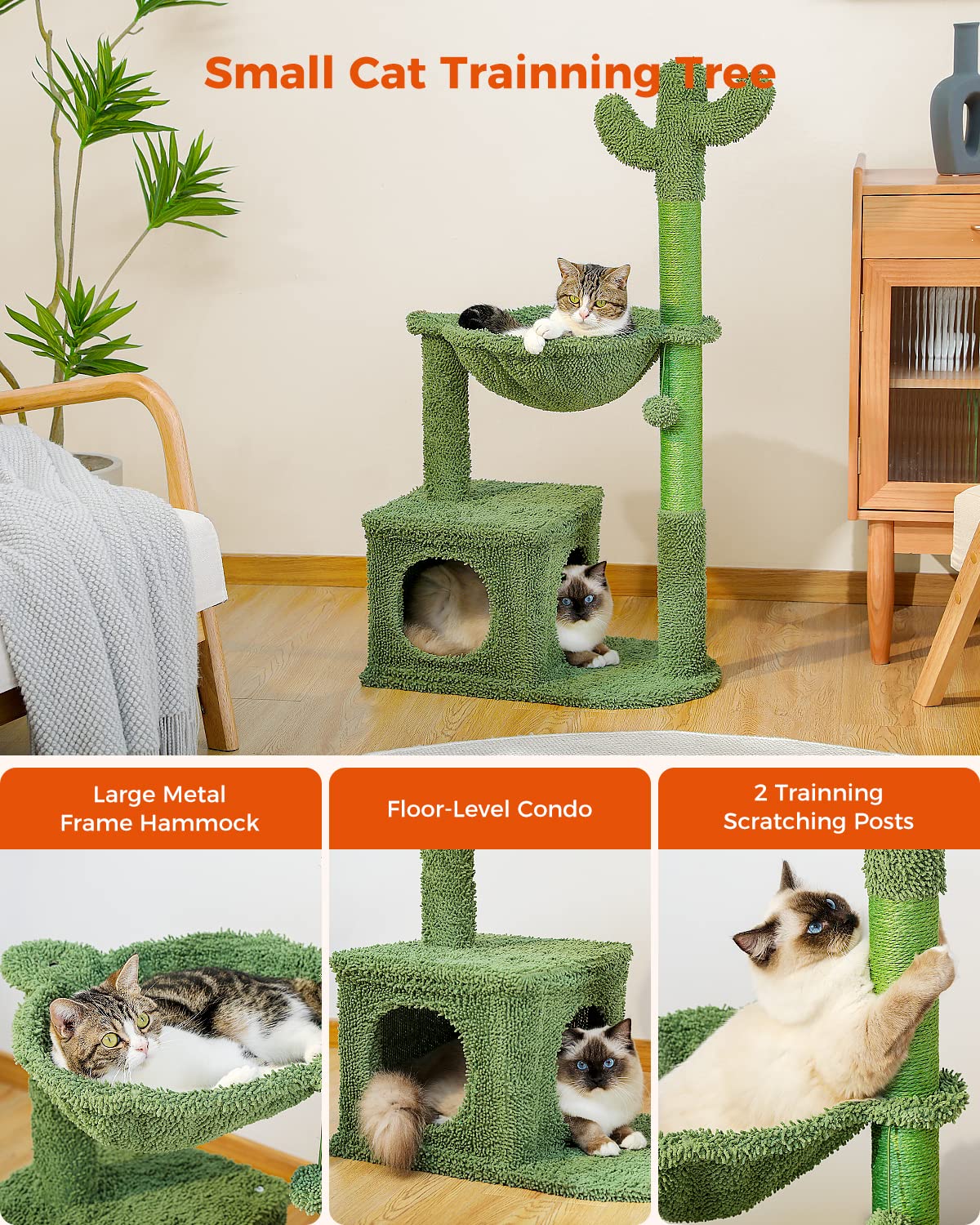 Muttros Cactus Cat Tree 40' Cat Tower With Large Metal Carpet Hammock, Cat Scratching Post For Indoor Cats With Condo& Dangling Ball, Green