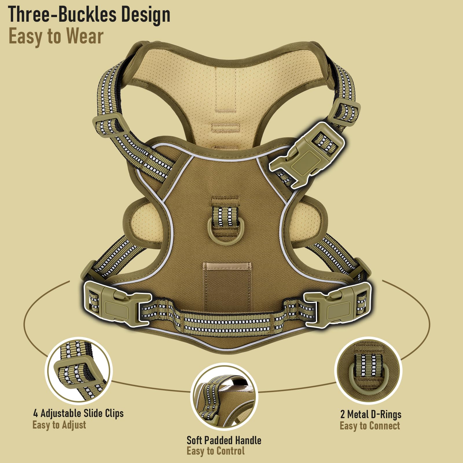 Adjustable No-Pull Reflective Soft Inescapable Dog Vest Harness For Big Dog Breeds, Siberian Husky Labrador Golden Retriever, Br