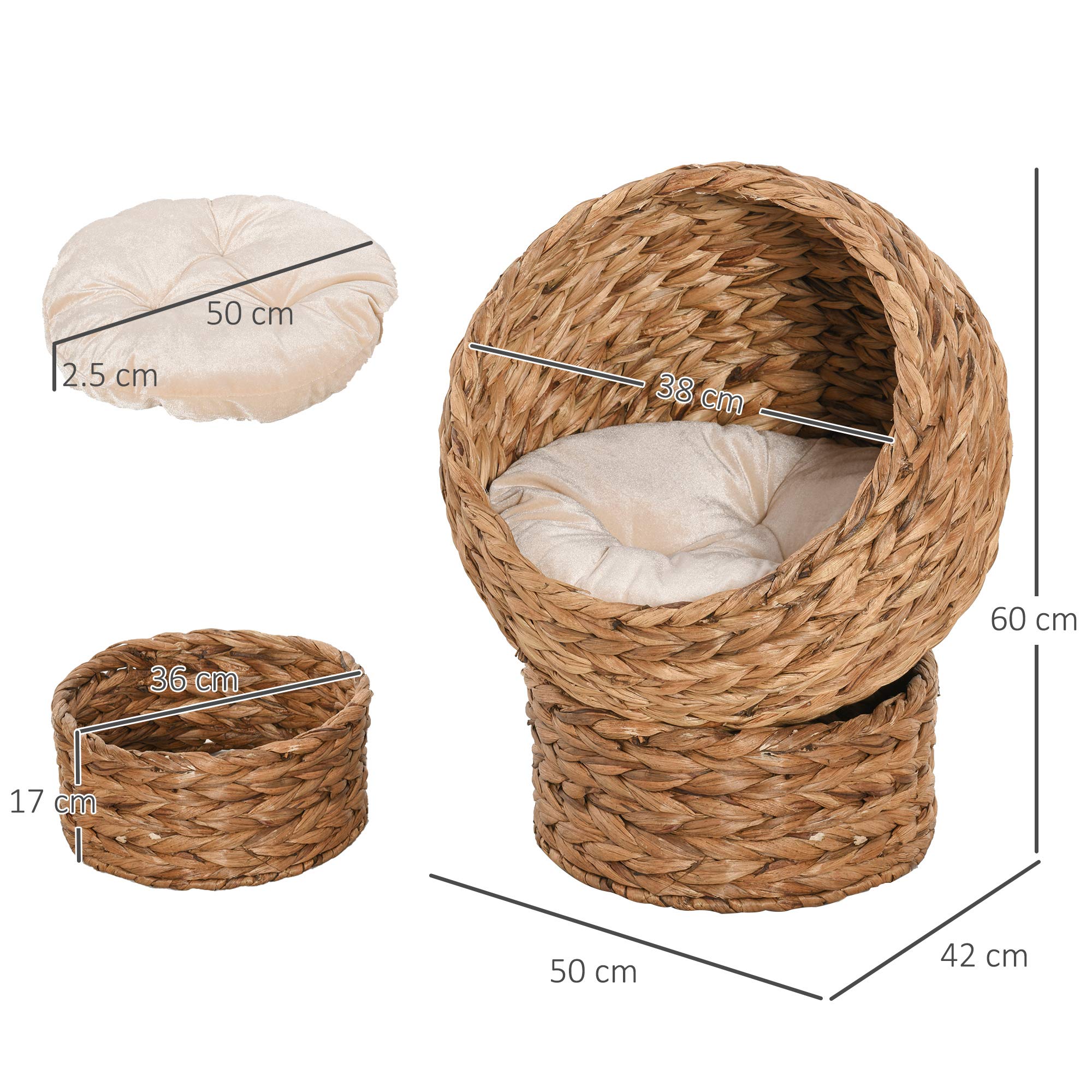 Pawhut Woven Banana Leaf Elevated Cat Bed House Basket Soft Cushion Dome Basket 50 X 42 X 60 Cm Brown