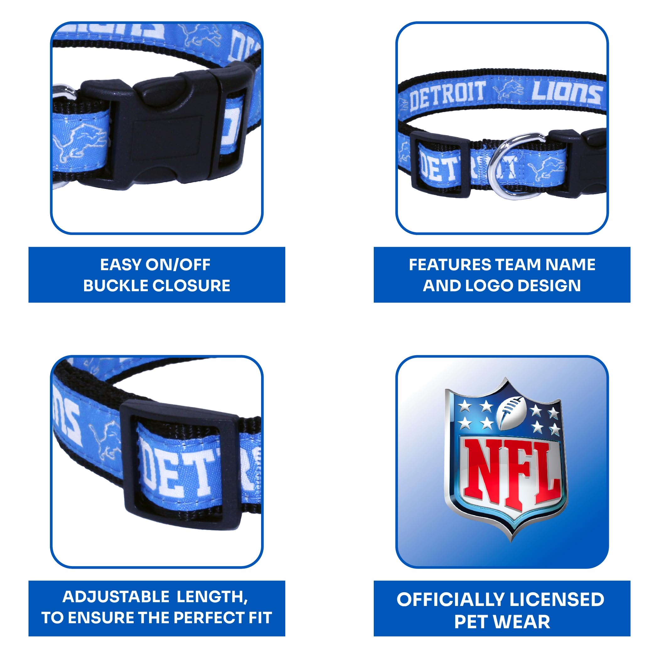 Pets First NFL Detroit Lions Licensed PET COLLAR, Small - Heavy-Duty, Strong, and Durable Dog Collar. Available in 31 Football T