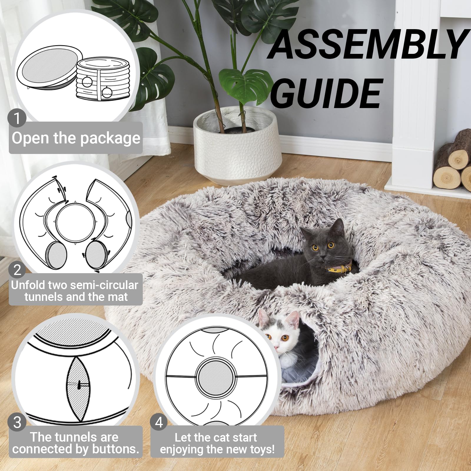 LUCKITTY Warm Fluffy Plush Cat Dog Tunnel Bed with Washable Cushion-Big Tube Playground Toys 3 FT Diameter Longer Crinkle Collap