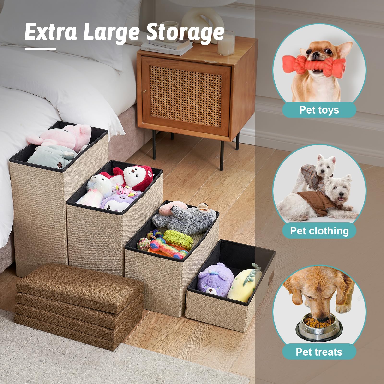 Dog Stairs with Storage, 4-Step Wider Sturdy Dog Steps for Small/Medium/Large Dogs and Older Cats, Folding Doggie Ramp for Bed/C