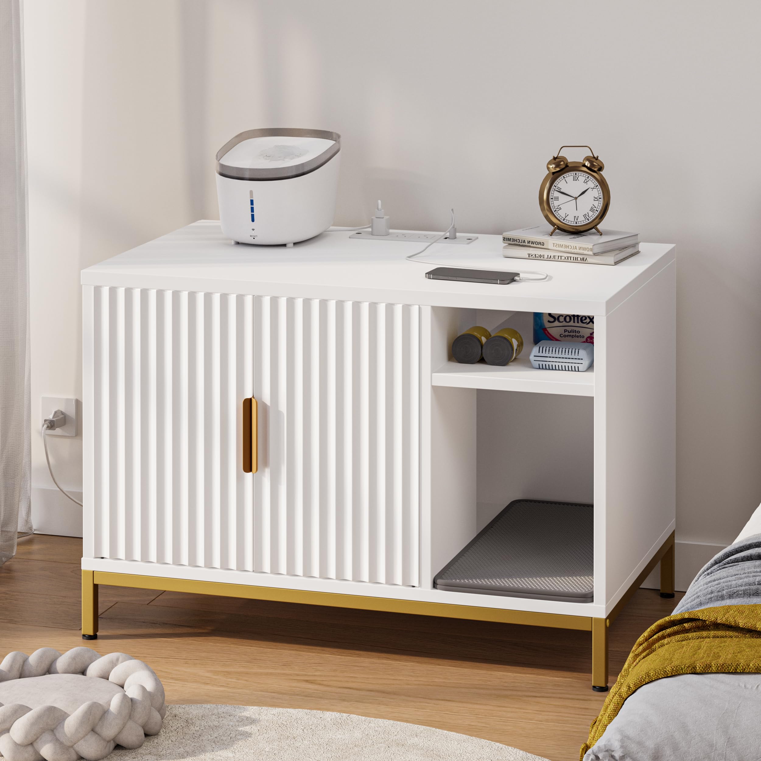 Bestier Cat Litter Box Enclosure, Glossy Fluted Hidden Litter Box Cabinet with Power Outlets, Cat Washroom Furniture with Double