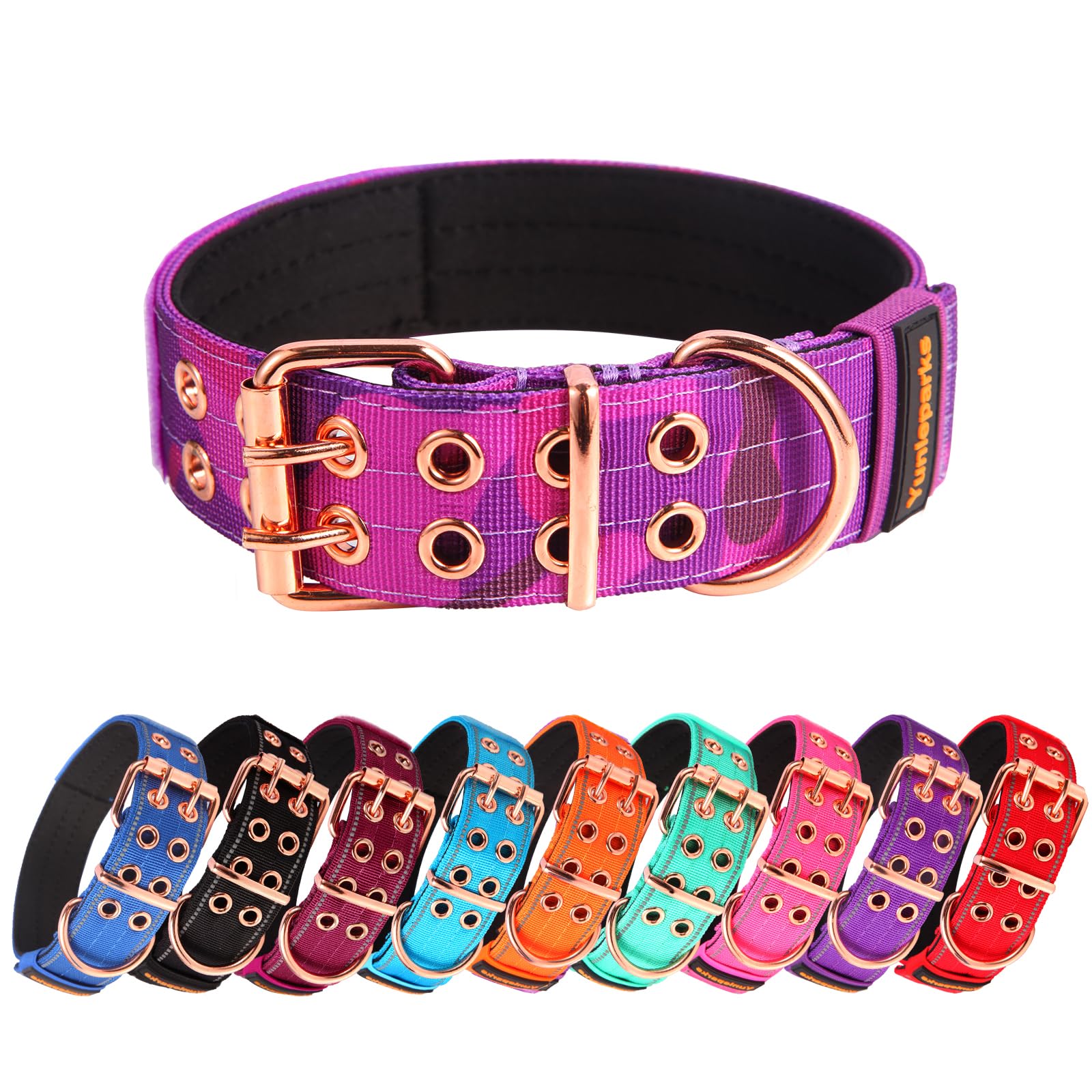 Yunleparks Heavy Duty Tactical Dog Collar With Neoprene Padded And Metal Buckle, Reflective Nylon For Medium To Large Dogs(Purpl