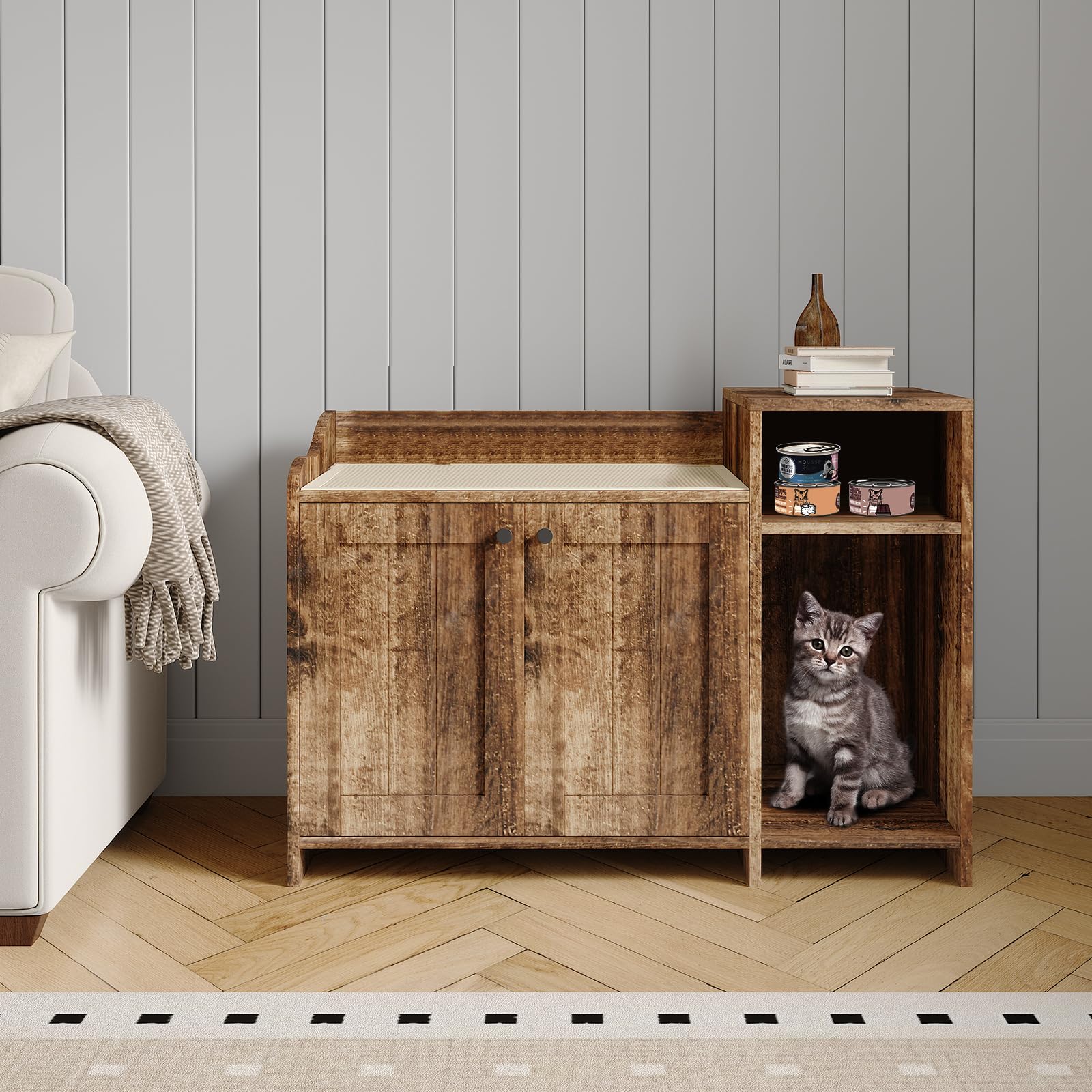 GarveeHome Cat Litter Box Enclosure with Storage Shelve Adn Wooden Barn Door, Hidden Litter Box Cabinet, End Table Style Indoor 