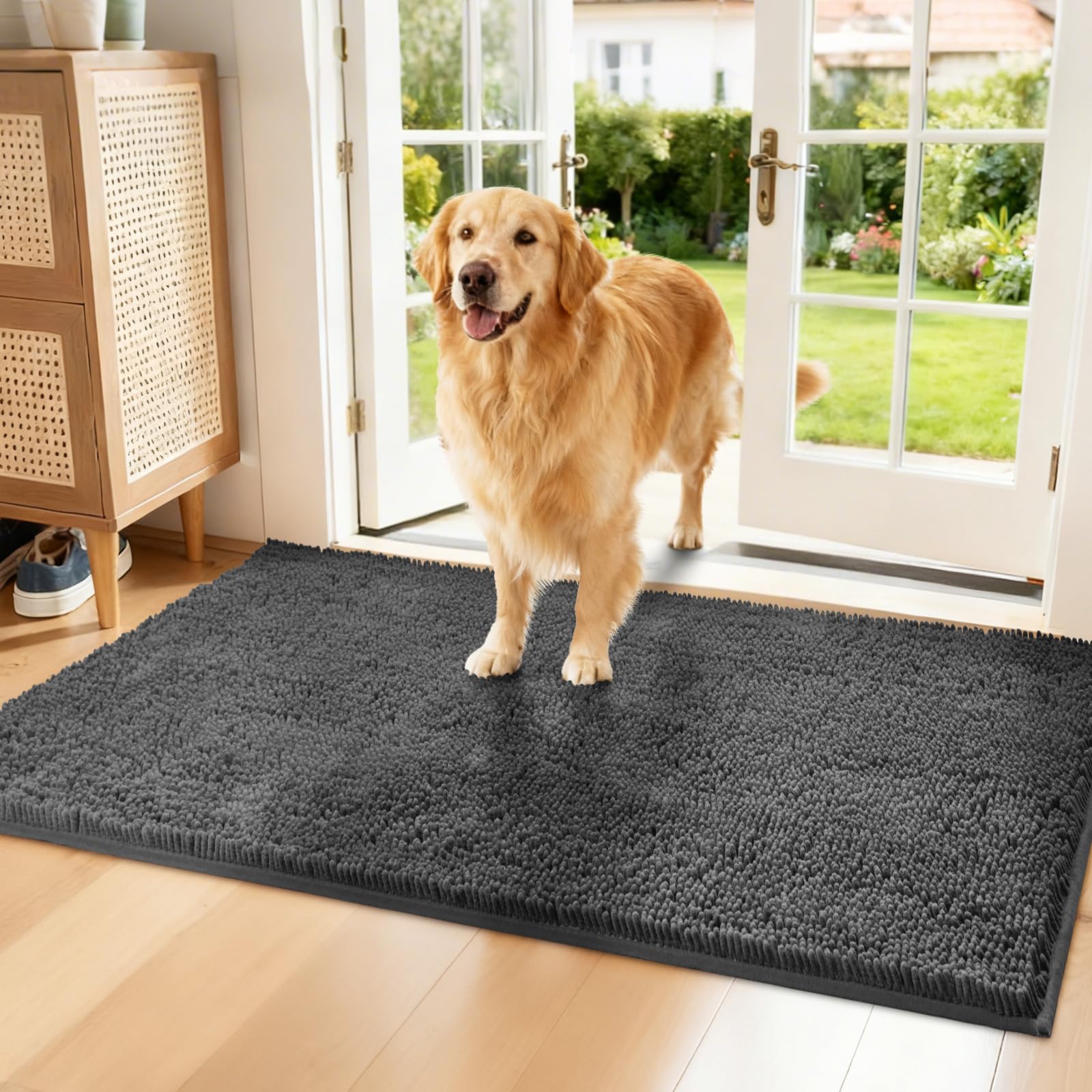 Naturei Chenille Absorbent Front Door Mat 48 x 30, Dog Door Mat for Muddy Paws, Dirt Trapper Doormat, Mud Mat for Dogs, Washable