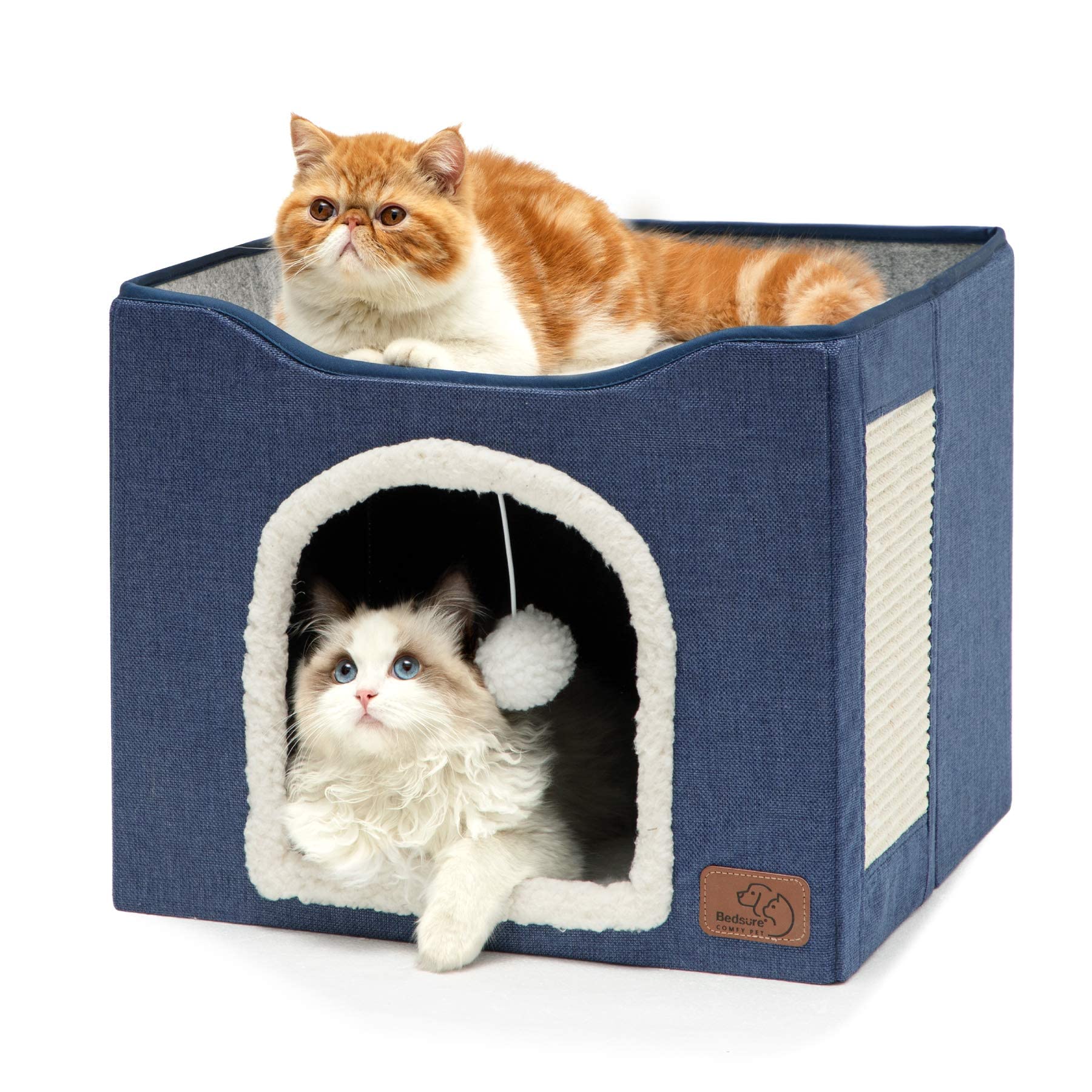 Bedsure Cat Beds For Indoor Cats - Large Cat Cave For Pet Cat House With Fluffy Ball Hanging And Scratch Pad, Foldable Cat Hideaway,16.5X16.5X13 Inches, Blue