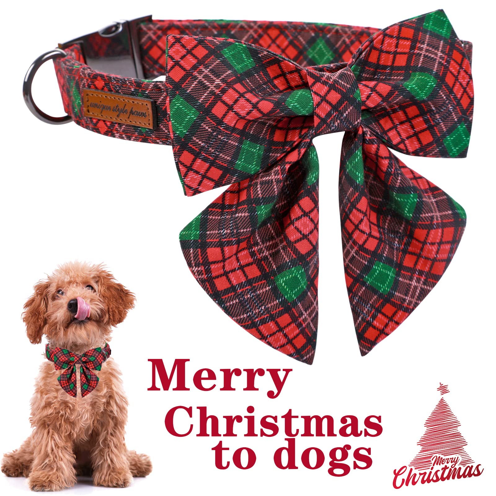 Unique Style Paws Christmas Dog Collar With Tie Red Green Plaid Adjustable Cotton Puppy Collar For Small Medium Large Dogs-L