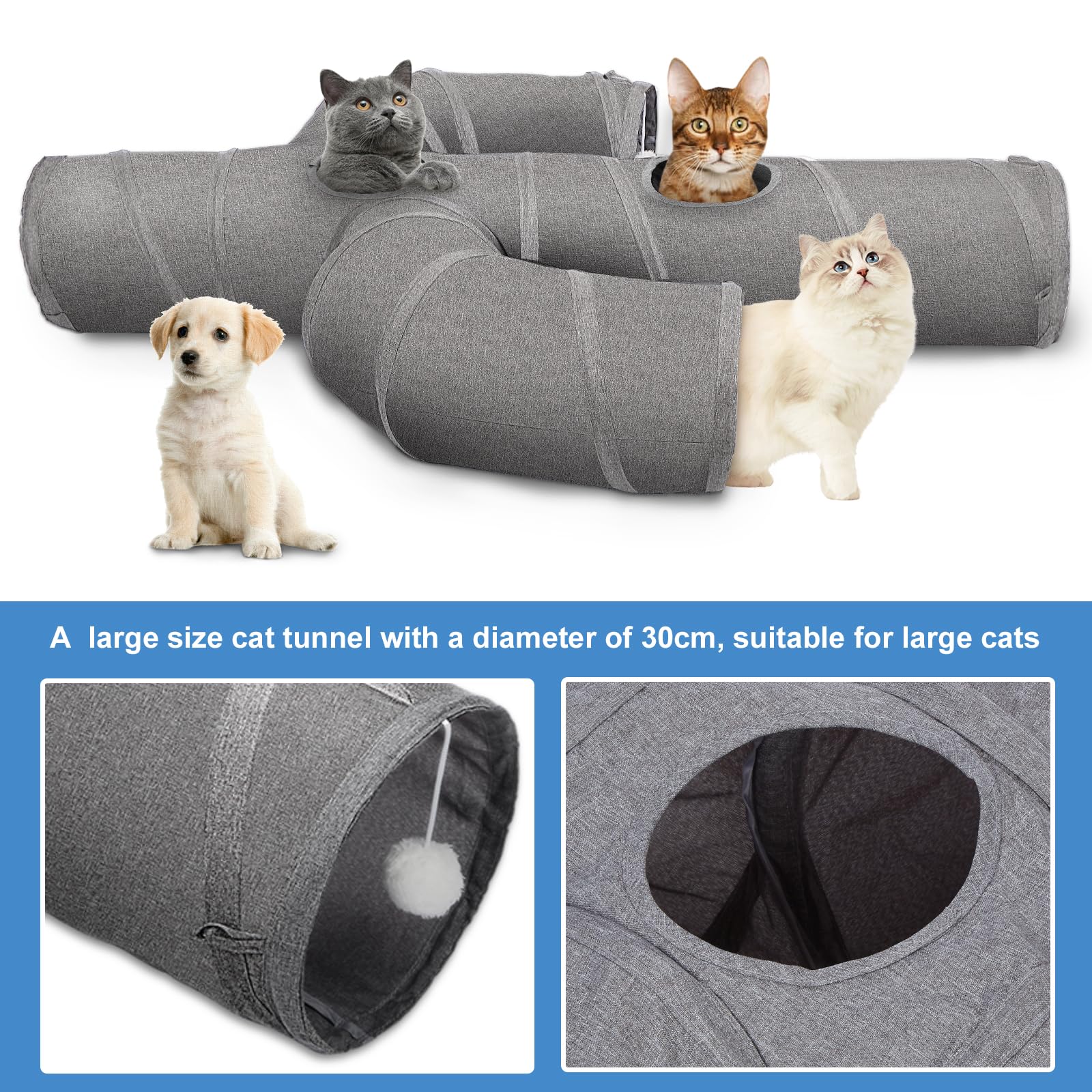 Ownpets Cat Tunnel Toy - Large 12" Diameter, Sturdy Oxford Fabric, Gray, Cactus Shape, Collapsible with Peek Hole & Wand Toy