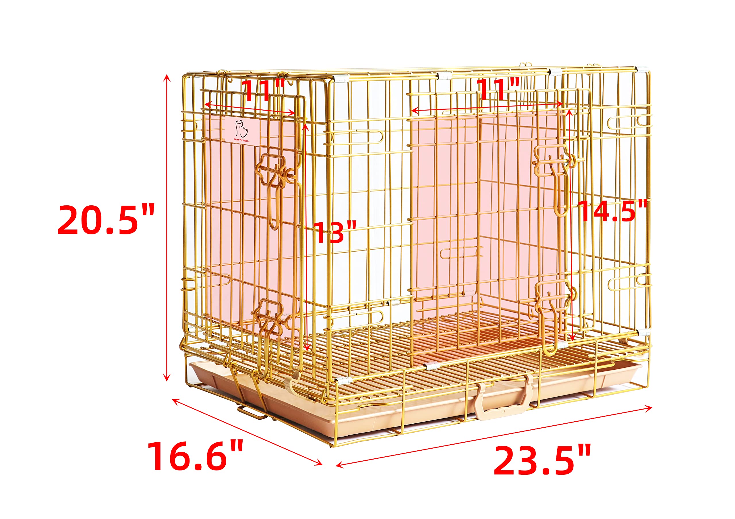 Homey Pet 24'' Gold Color Folding Design Dog Crate Puppy Ertra Small Breed Dog Kennels With Removable Floor Grid And Pull Out Tr