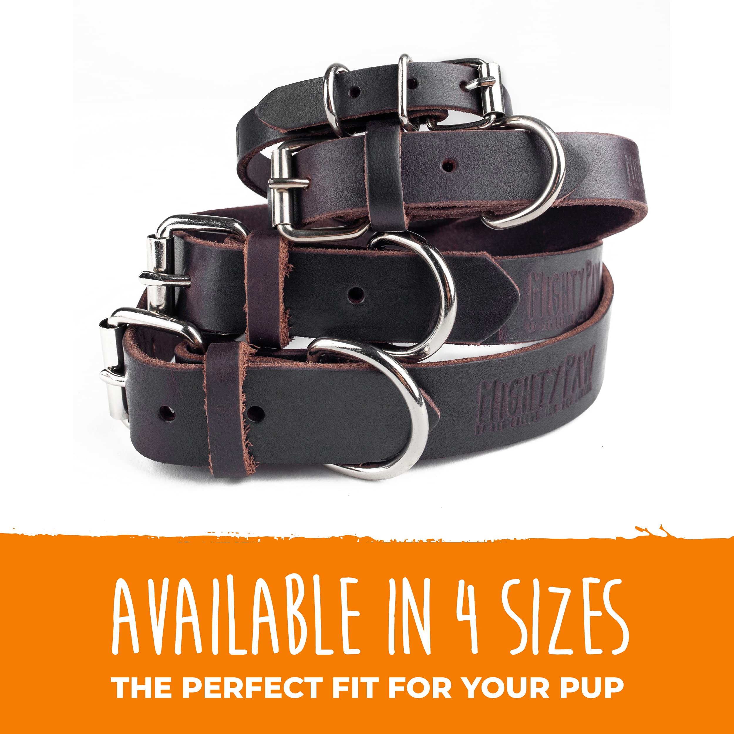 Mighty Paw Leather Dog Collar - Genuine Distressed Leather, Metal Buckle, Medium Size (10.25 - 13.5 inches), Brown