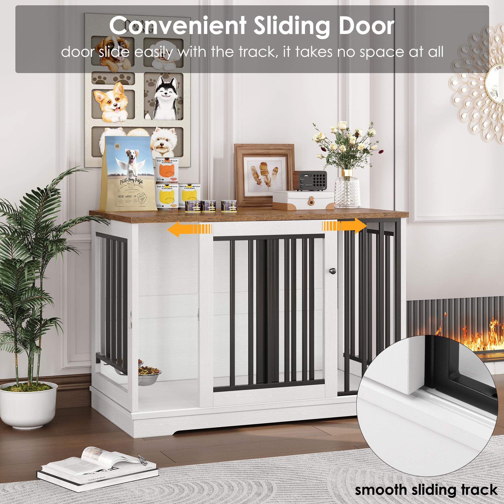 TTVIEW Large Dog Crate Furniture, Heavy Duty Indoor Kennel with Sliding Door, 2 Bowls, Rustic White Wooden Pet House