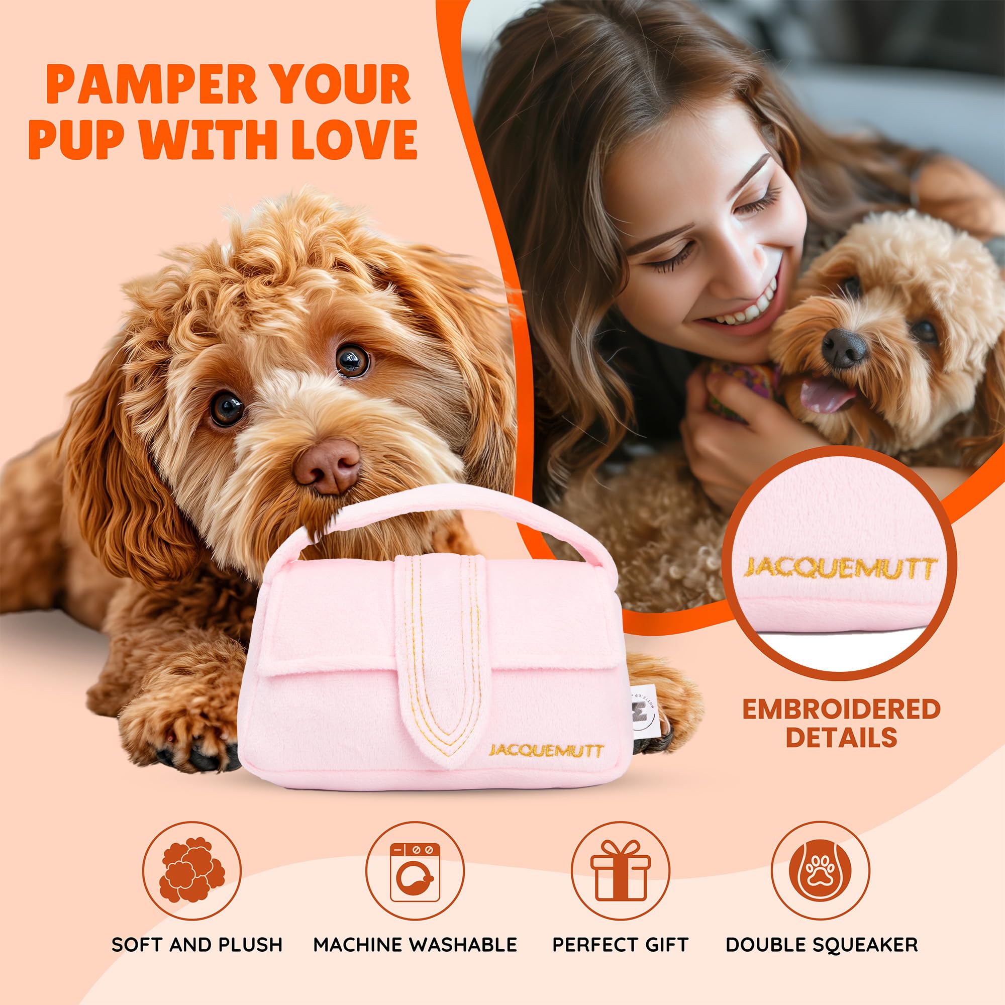 Muttzie Jacquemutt Handbag - Plush Dog Toy with Dual Squeaker for Safe Playtime