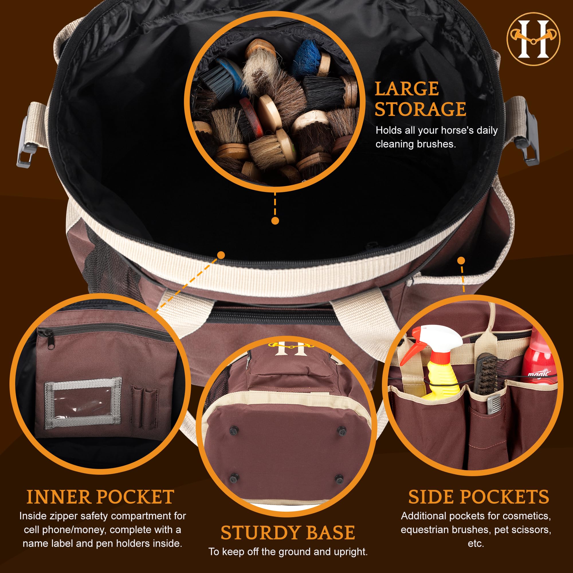 Huntley Equestrian Deluxe Grooming Bag Perfectly Designed Easy Access Multi Pocket Zipper Top Closure Double Handles Shoulder Strap Exterior Pockets - Brown
