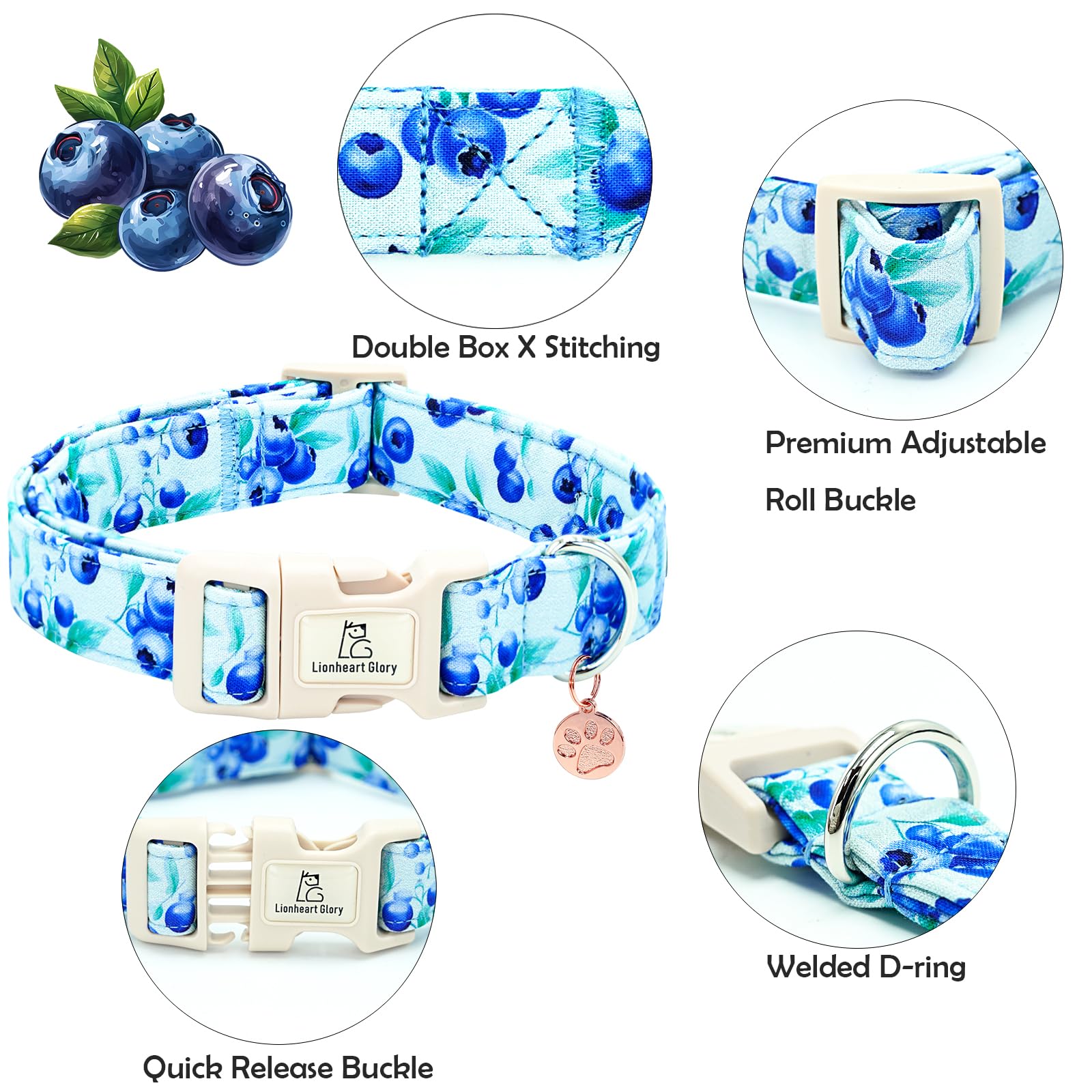 Lionheart Glory Dog Collar Blueberries Print Collar For Medium Dogs Spring Summer Female Or Male Collars Pets Gift Adjustable He
