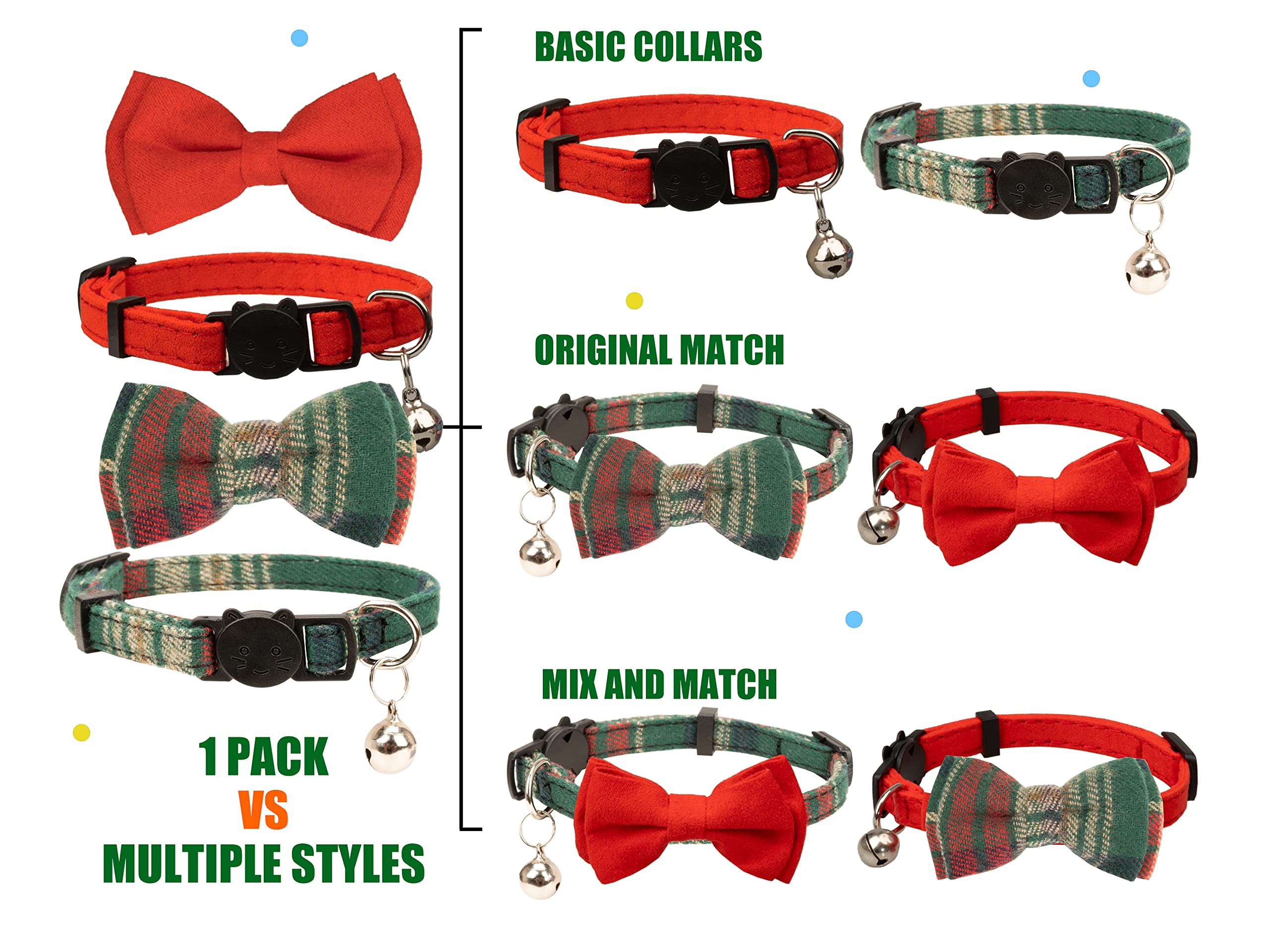 Gyapet Collar For Cats Pets Breakaway With Bell Bowtie Floral Bow Detachable Adjustable Safety Puppy 2Pcs Christmas-A