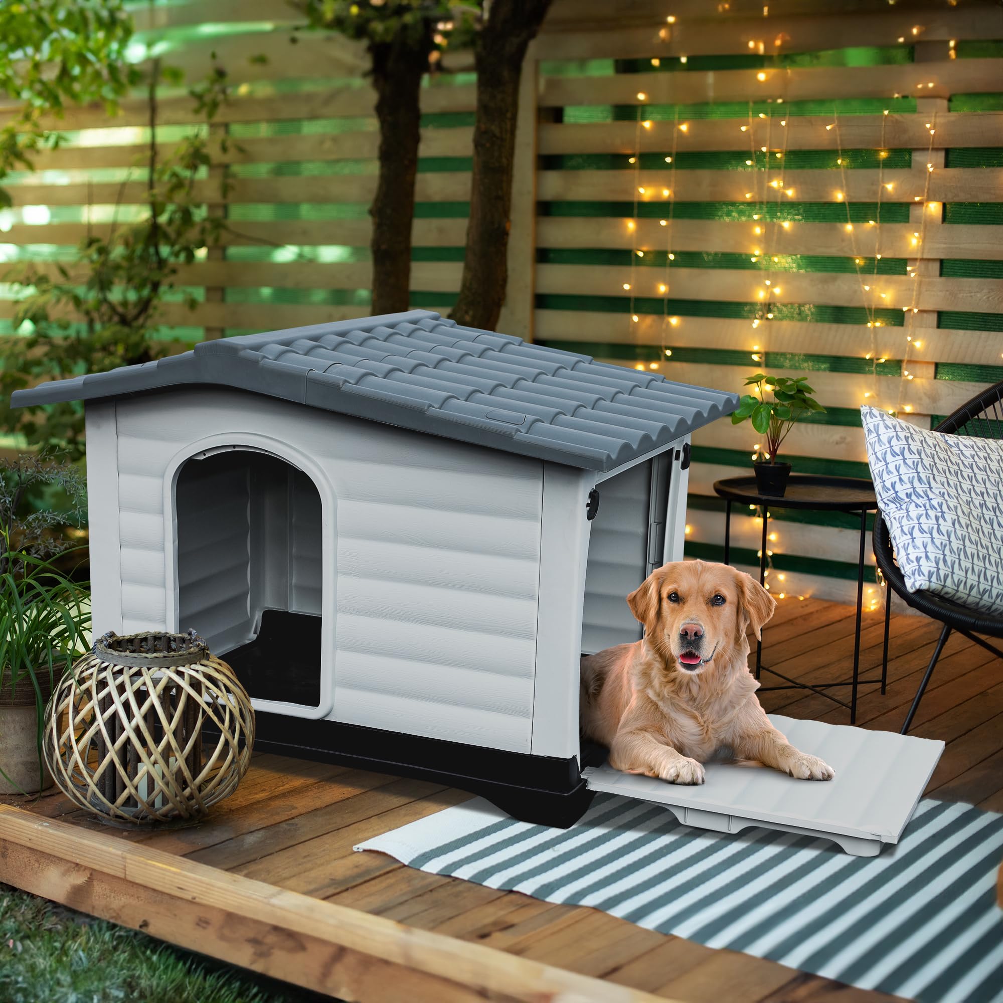 Yitahome 43.7'' Large Double Door Dog House With Porch & Cushion, Outdoor Plastic Doghouse With Elevated Base, Easy To Install,