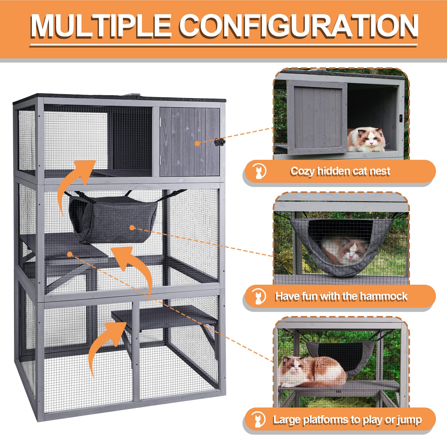 X-ZONE PET Catio Wooden Outdoor Cat Enclosure, 3 Floors, Asphalt Roof, Model DXCH001-FBM, Wood Color