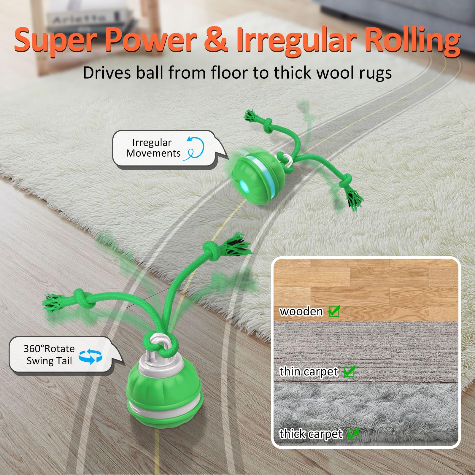 Salodal Interactive Dog Toy - USB Rechargeable Rolling Ball for Small Dogs - Green, Model P38