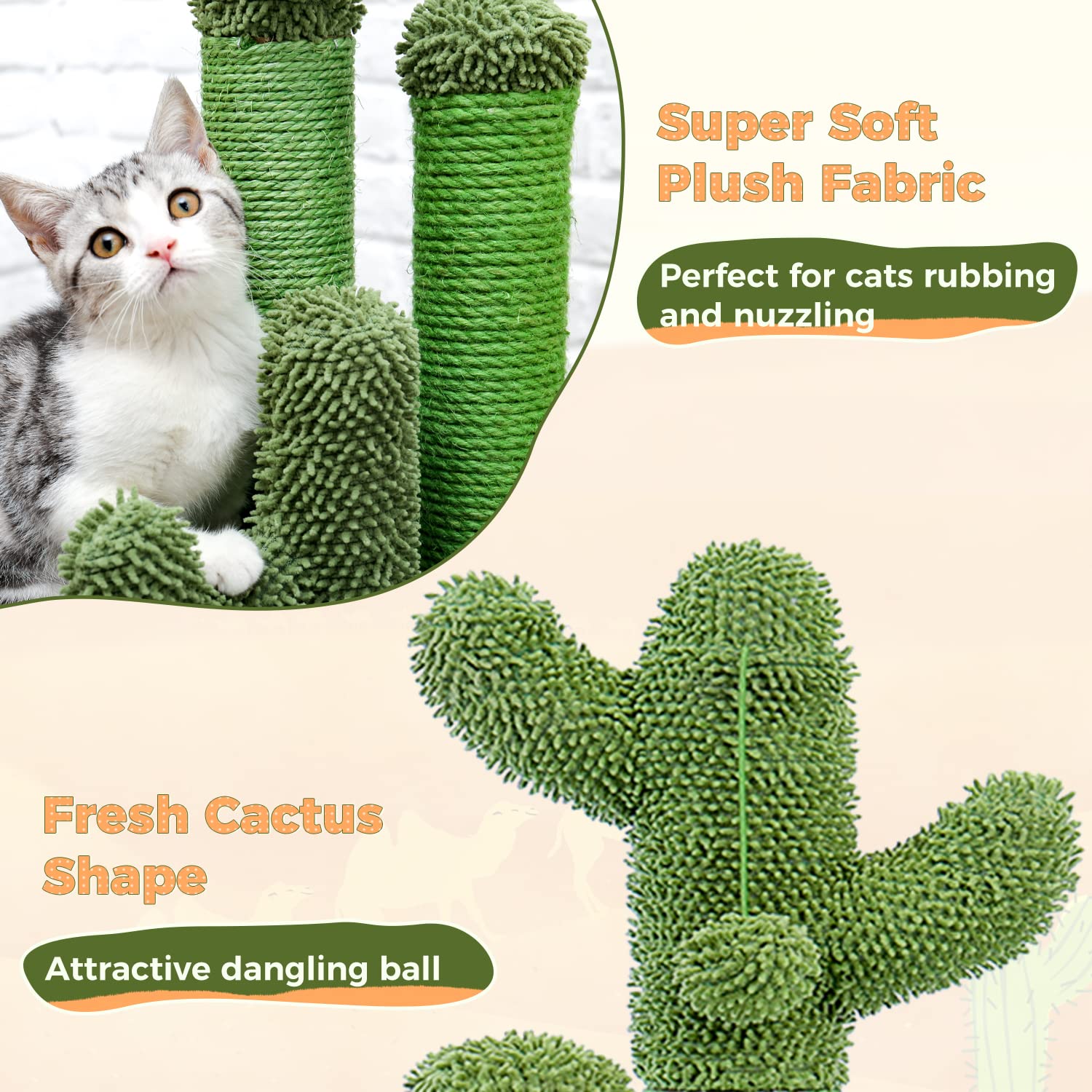 PAWZ Road Cat Scratching Post - Cactus Design with 3 Poles & Dangling Ball, Medium 23", Khaki, Engineered Wood, Model AM13-AMT0066BN