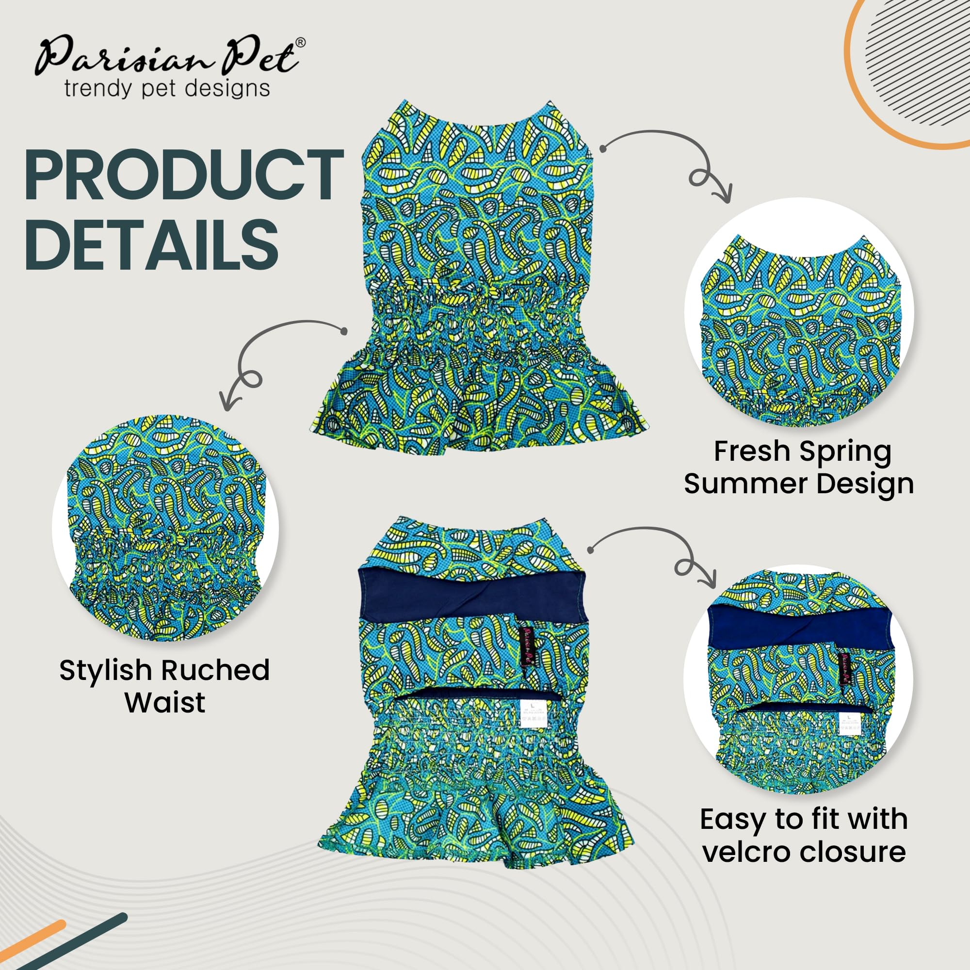 Parisian Pet Tribal Leaves Summer Dress - Ruched Waist Beach Outfit For Small Dogs - Lightweight Puppy Clothes - Xs Girl