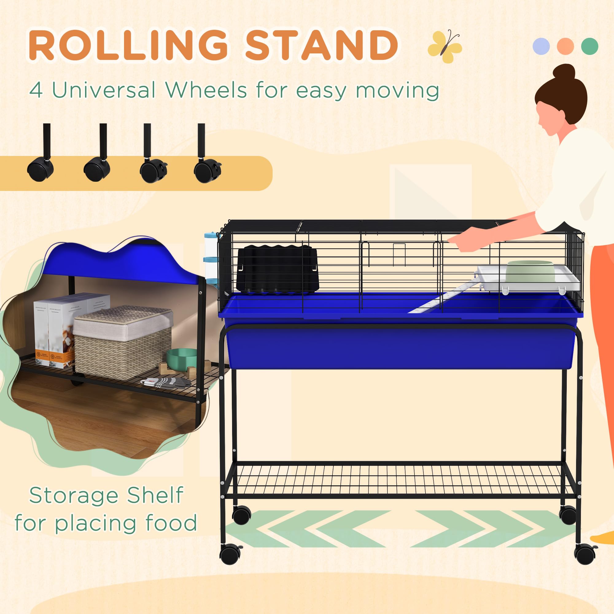 PawHut Two-Story Small Animal Cage Removable From Stand, Guinea Pig, Hedgehog, Chinchilla, Ferret Habitat With Shelf & Wheels, 3