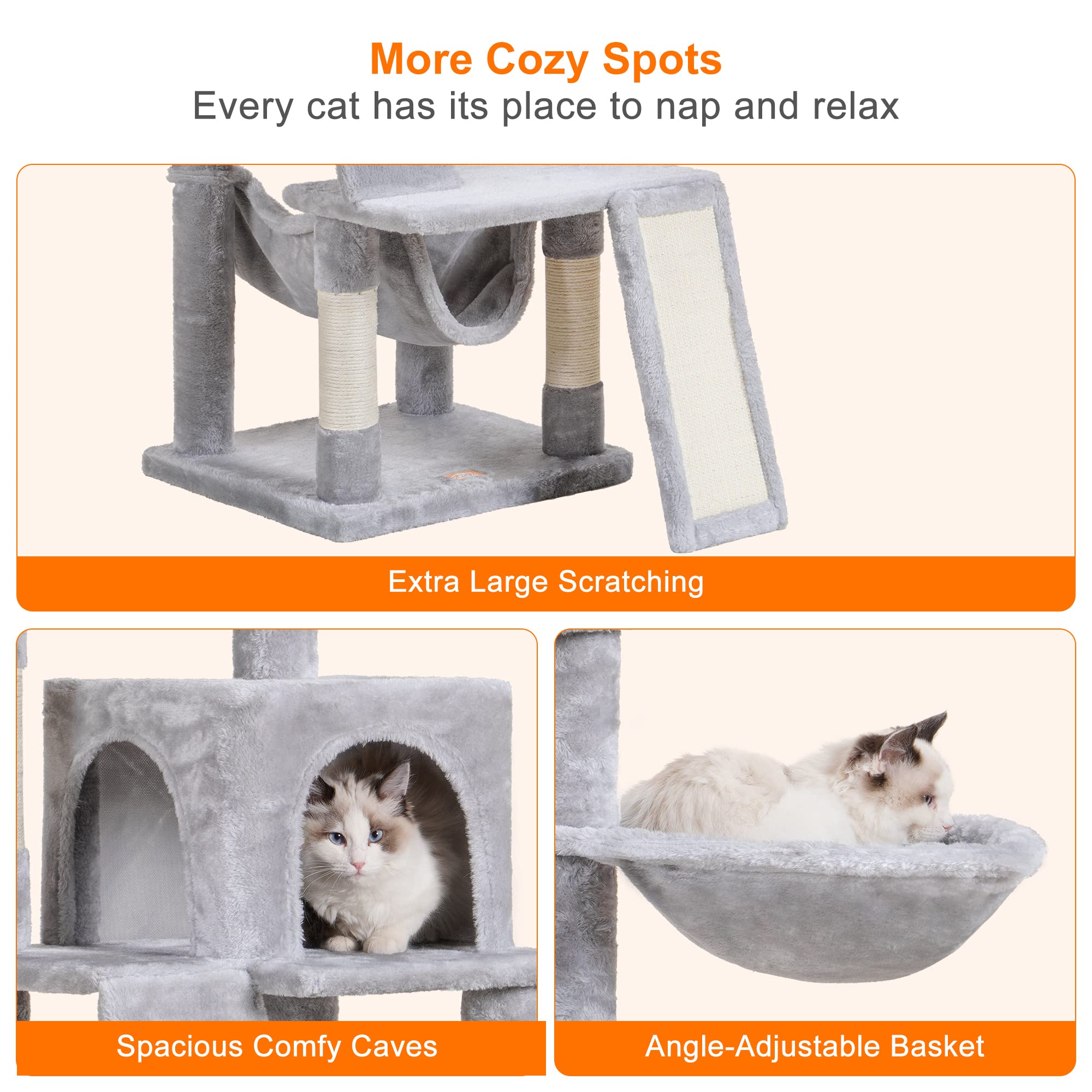 Heybly Cat Tree, Cat Tower For Indoor Cats,Multi-Level Cat Furniture Condo For Cats With Padded Plush Perch, Cozy Basket And Scratching Board Light Gray Hct014W