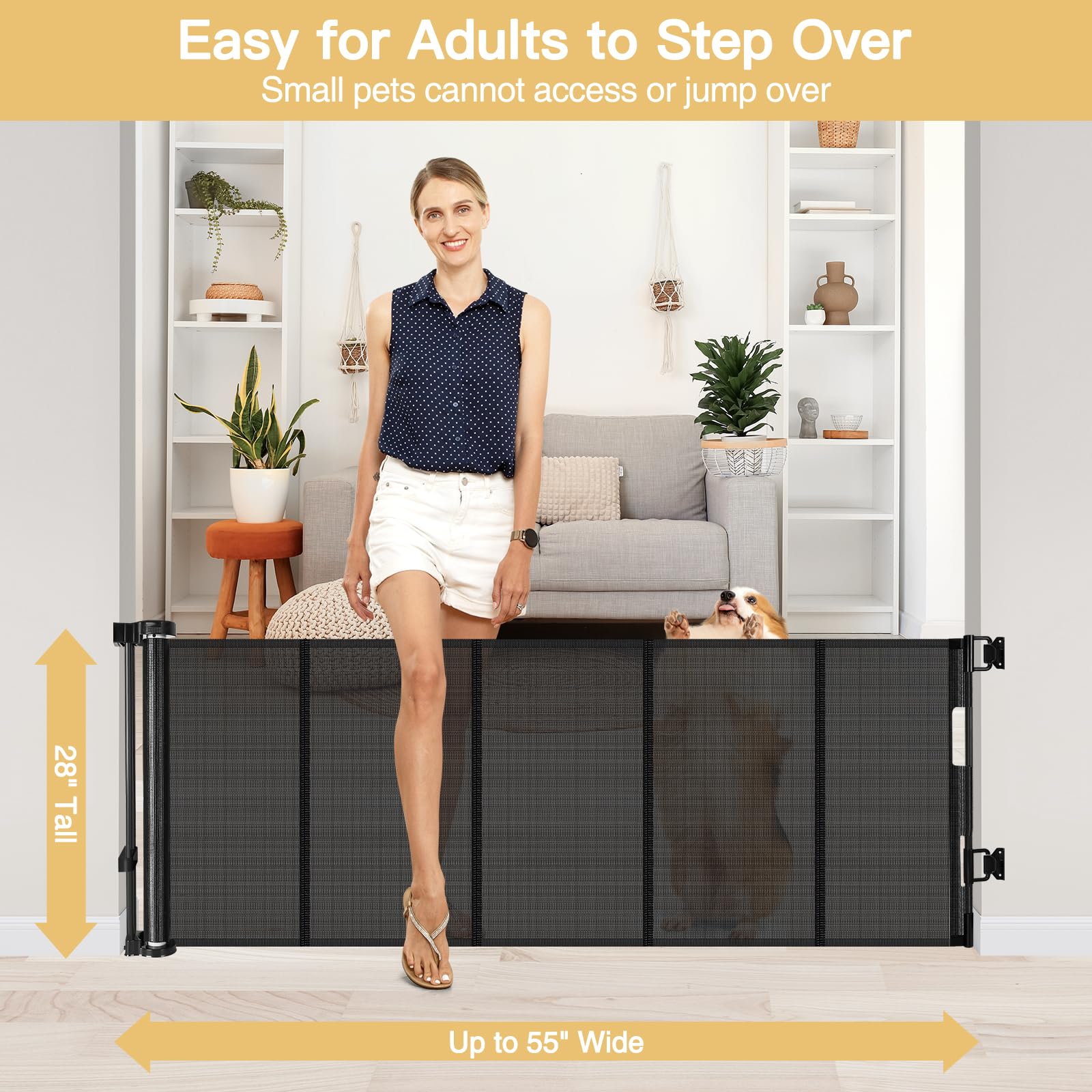 Reinforced 28 Inch Tall Retractable Dog Gate Small Baby Gate - Easy Step Over Dog Gate Short Pet Gate with Support Rods, 55'' Wi