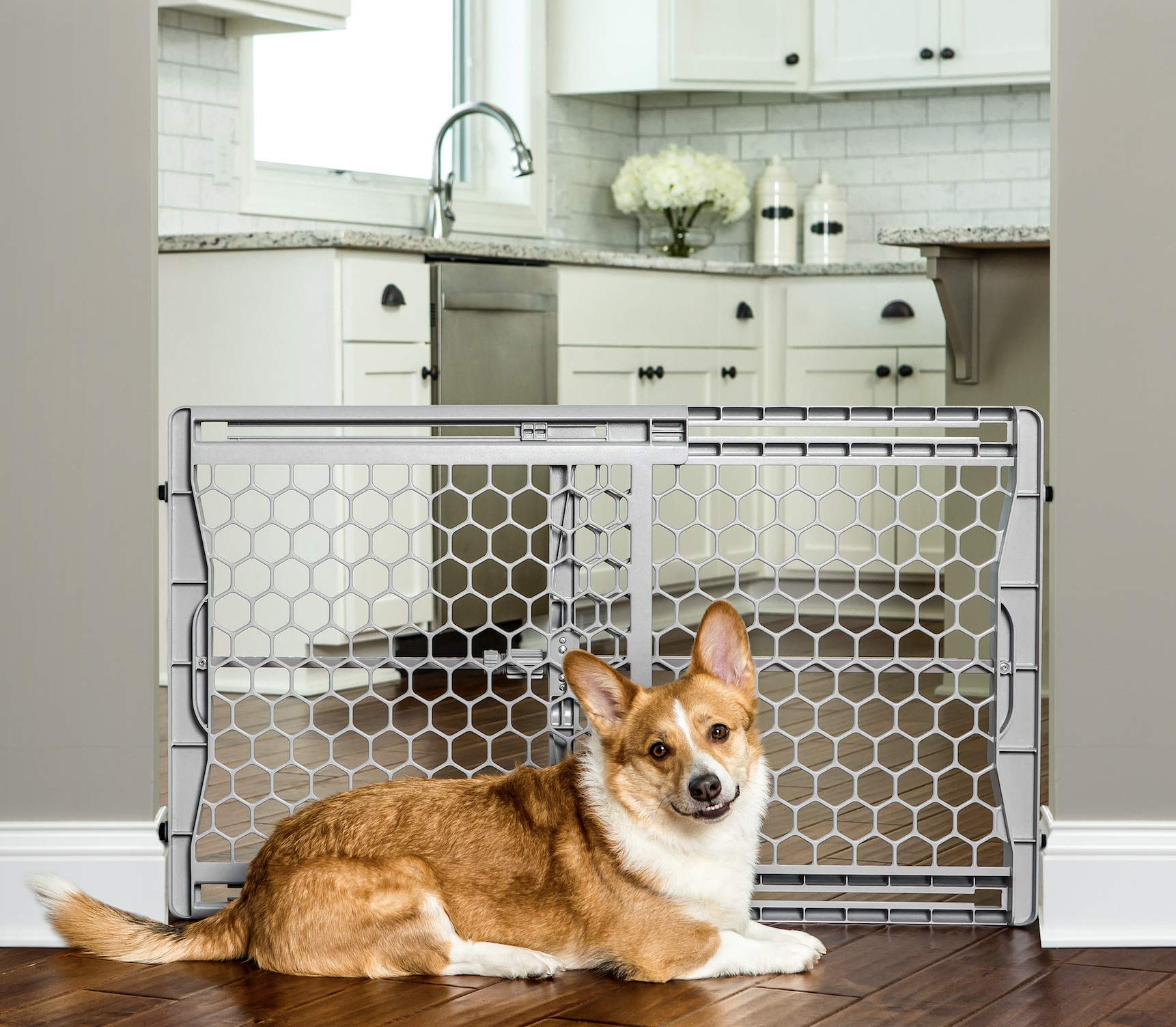 Carlson Pet Easy Fit Portable Pet Gate, Fits Openings 28-42 Wide, 23 Tall, Rubber Pads to Protect Walls, Durable Dog Gate for Do