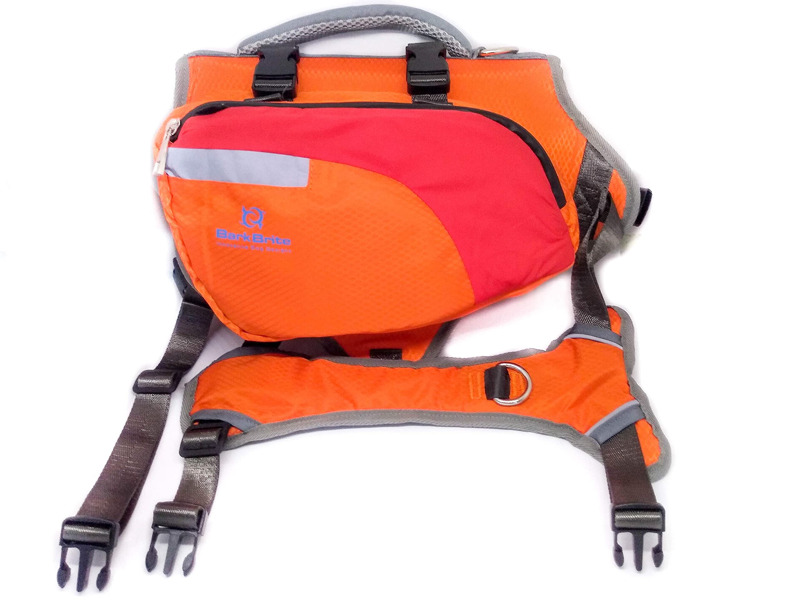 Bark Brite Multi-Purpose Dog Backpack Life Jacket - Medium, Orange/Red/Grey, Durable Material