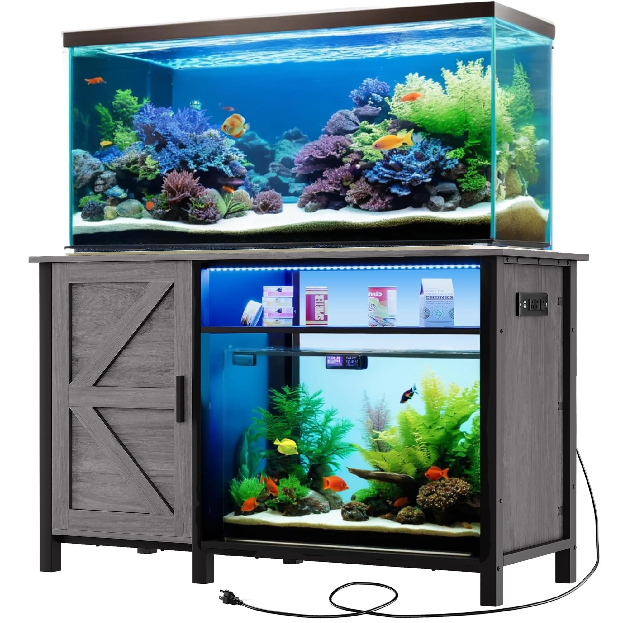 DWVO Aquarium Stand for 55-75 Gallon Fish Tank with Additional 20 Gallon Space and LED Lights, Fish Tank Stand with Adjustable D