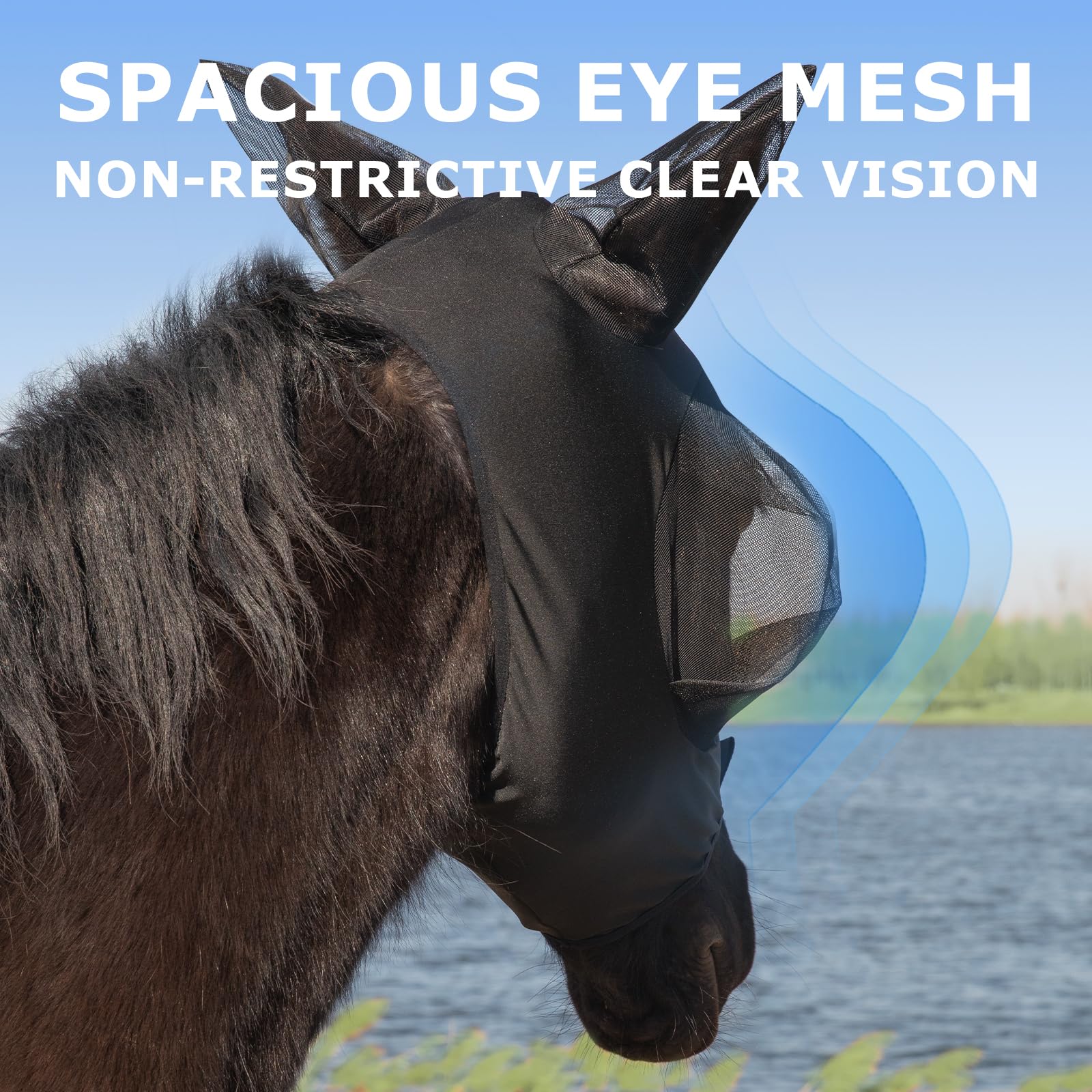 Stretchy Menjo Outdoors Horse Fly Mask with Ears, UV Protection for Horses, Breathable Comfortable Black Fly Mask Suitable for Q