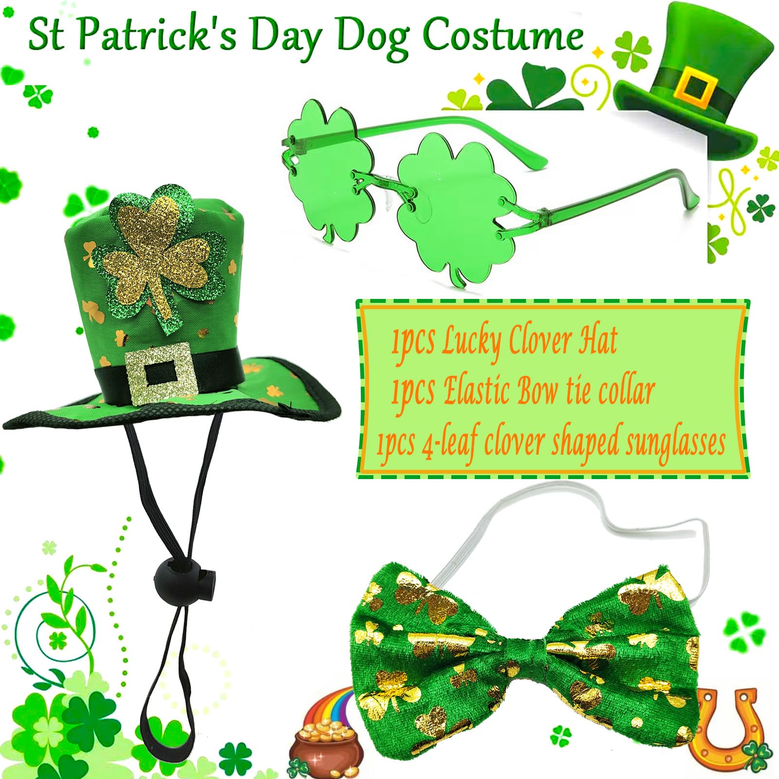 St Patrick'S Day Dog Costume 3 Pcs Irish Leprechaun Green Tall Hat Pet Shamrock Sunglasses Bow Tie Kit For Medium Large Dogs Sai