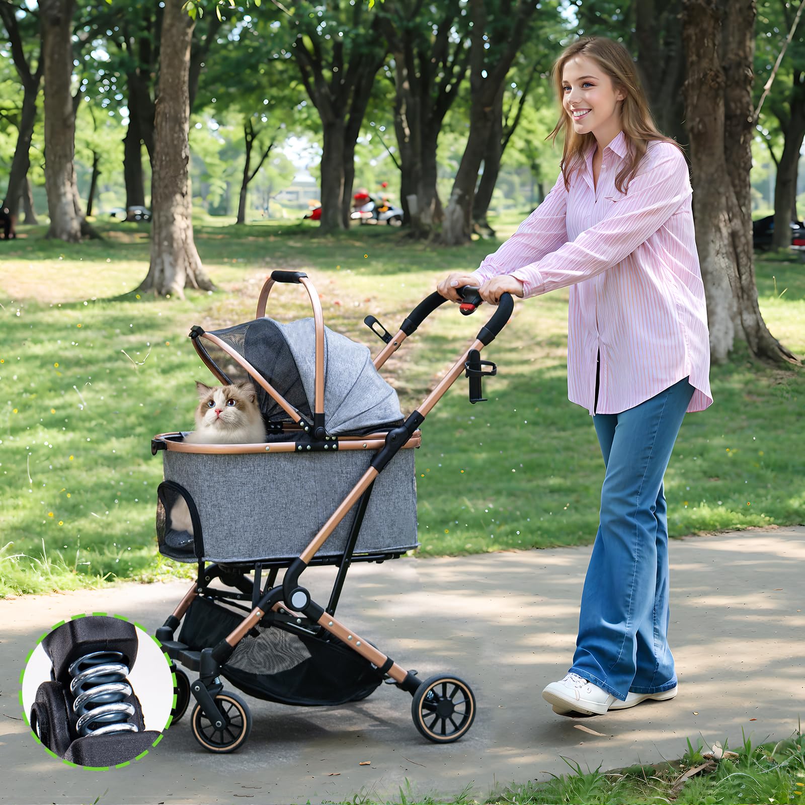 LENSEMUS 3-in-1 Dog Stroller with Detachable Basket, All-Terrain Wheels, for Medium Dogs & Small Cats, Grey, Max 33 lbs