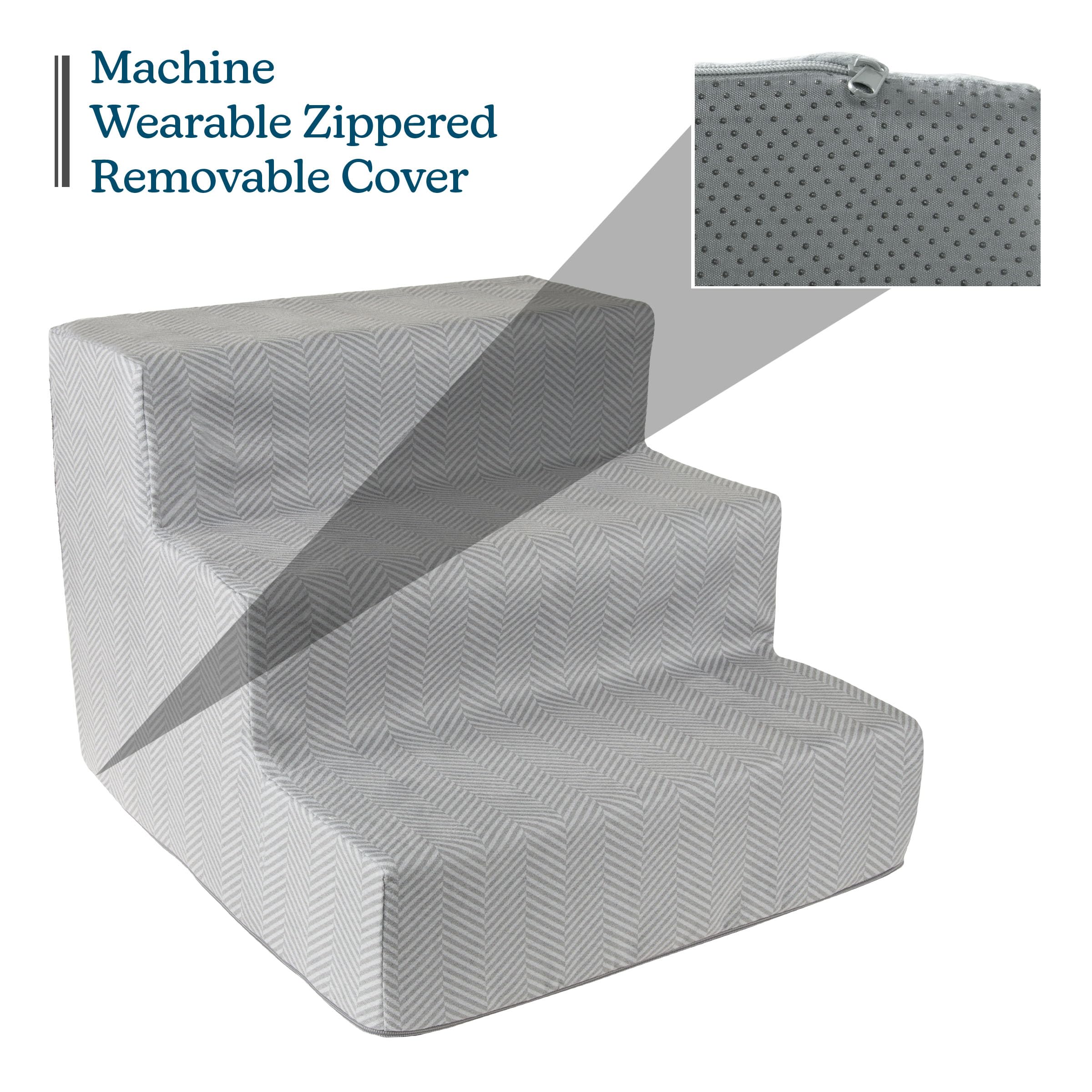 3-Step Pet Stairs - Nonslip Foam Dog and Cat Steps with Removable Zippered Microfiber Cover - 2-Tone Design for Home or Vehicle