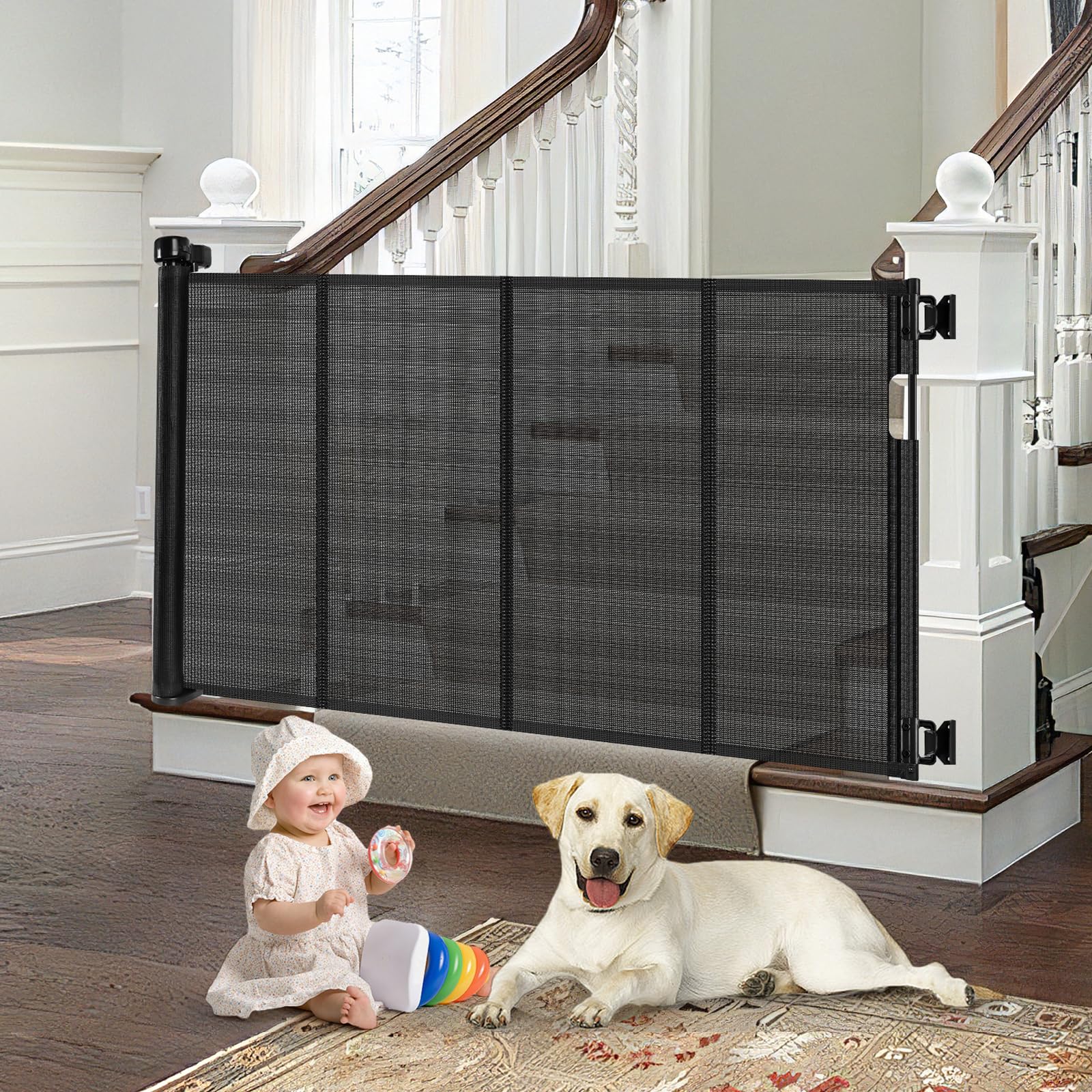 Reinforced Retractable Baby Gate for Stairs with Support Rods, 33'' Tall, Extends up to 55'' Wide, Mesh Stairway Gate Banister B