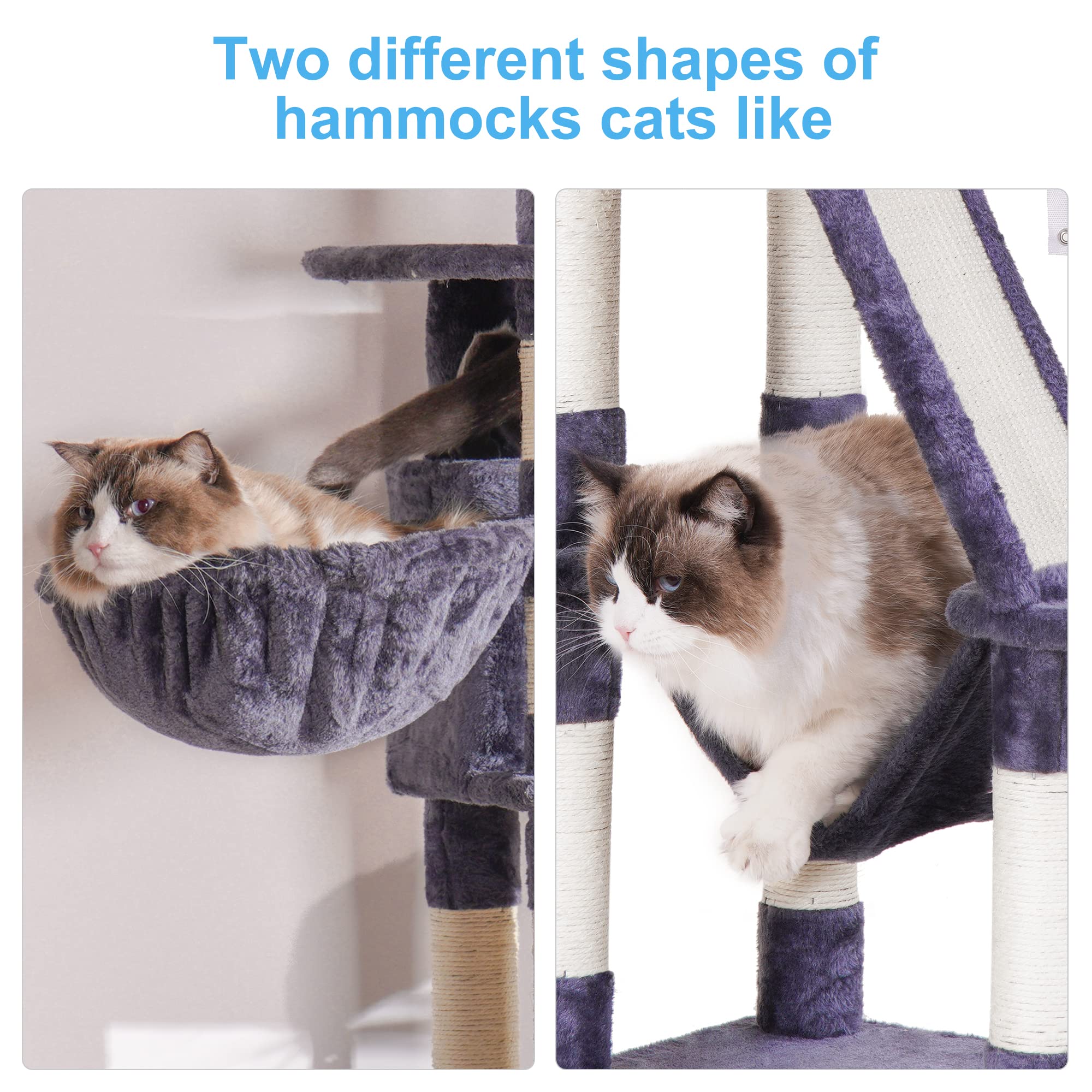 Hey-Brother Cat Tree, 61 Inch Cat Tower For Indoor Cats, Cat House With Padded Platform Bed, Toy Balls, Large Cozy Condo, Hammocks And Sisal Scratching Posts, Smoky Gray Mpj019G