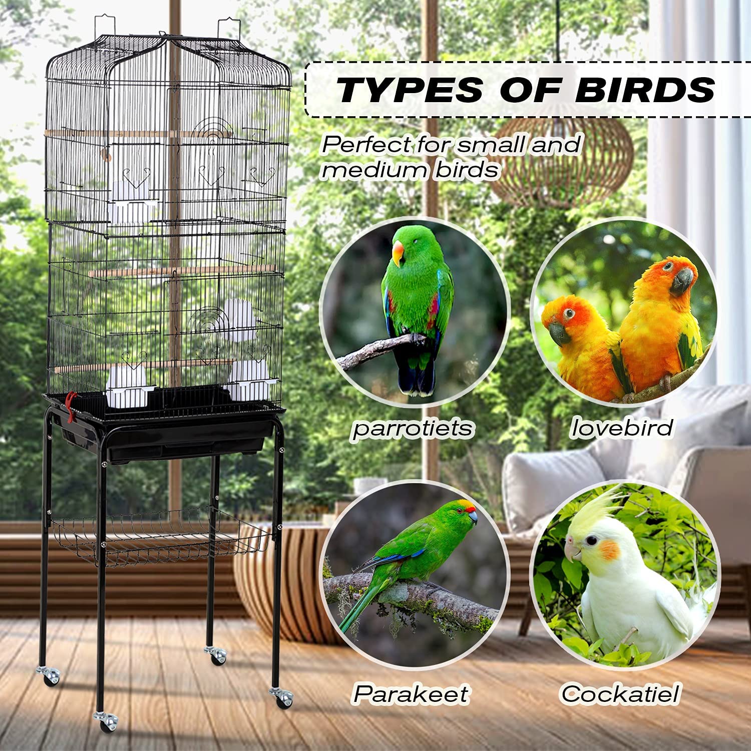 Hcy Bird Cage Parakeet 64 Inch Open Top Standing Parrot Accessories With Rolling Stand For Medium Small Cockatiel Canary Conure