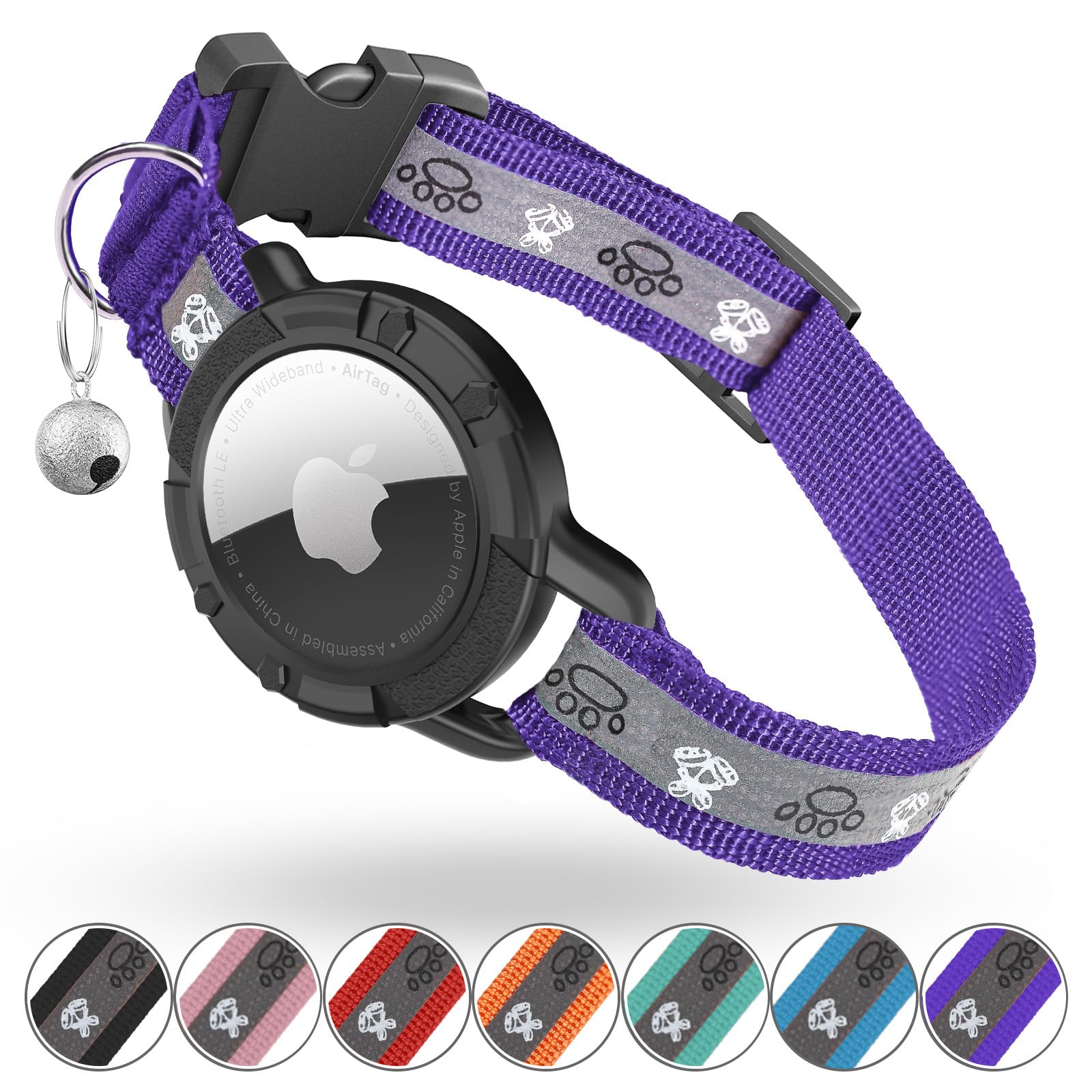 Odokele Reflective Airtag Cat Collar, Integrated Cat Tracker Collar With Air Tag Holder And Bell, Safety Elastic Band Cat Gps Collars For Girl Boy Cats, Kittens And Puppies (Purple, S)
