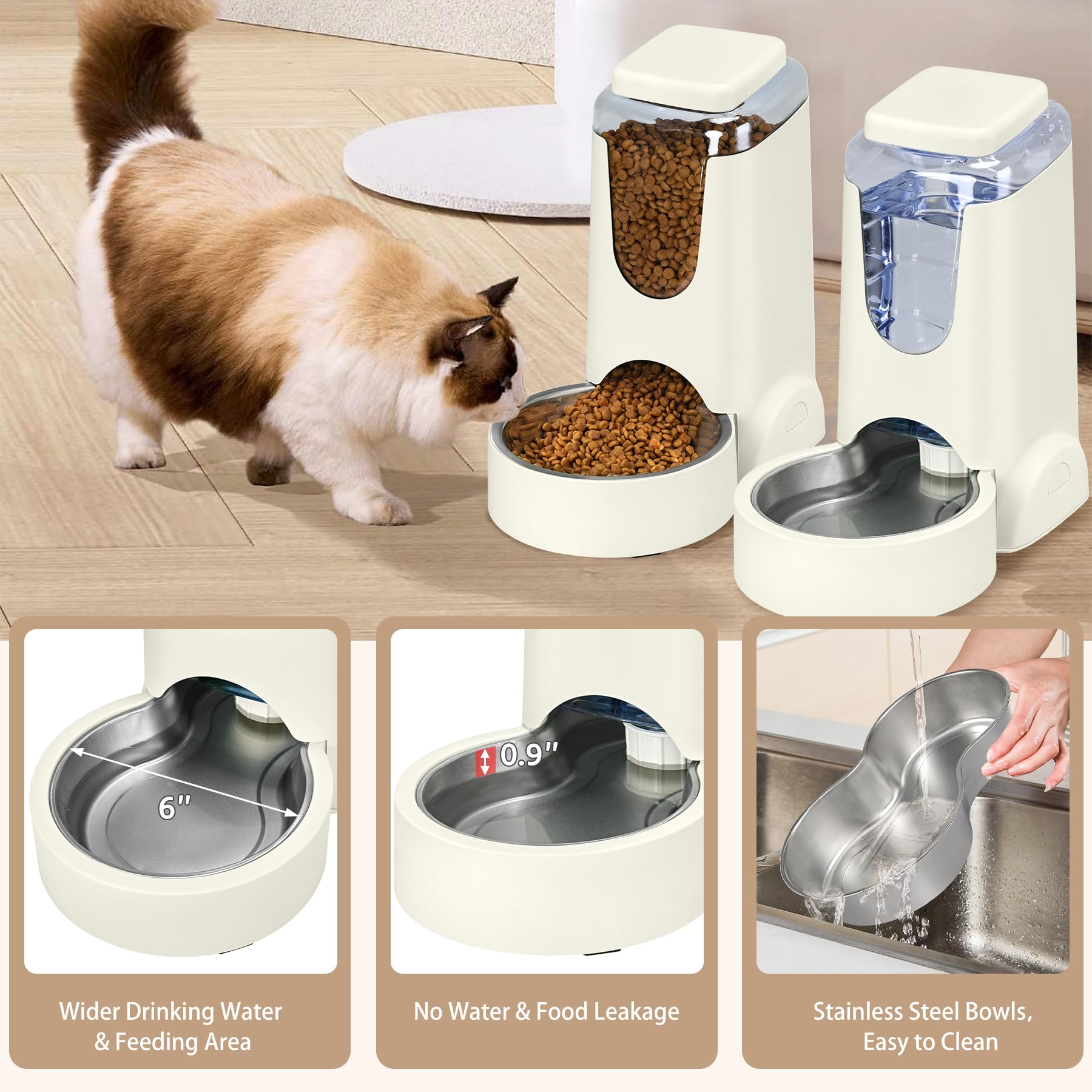 WyfKyd 2 Pack Automatic Cat Feeder & Stainless Steel Dog Water Dispenser, 1 Gallon x 2, Ivory White